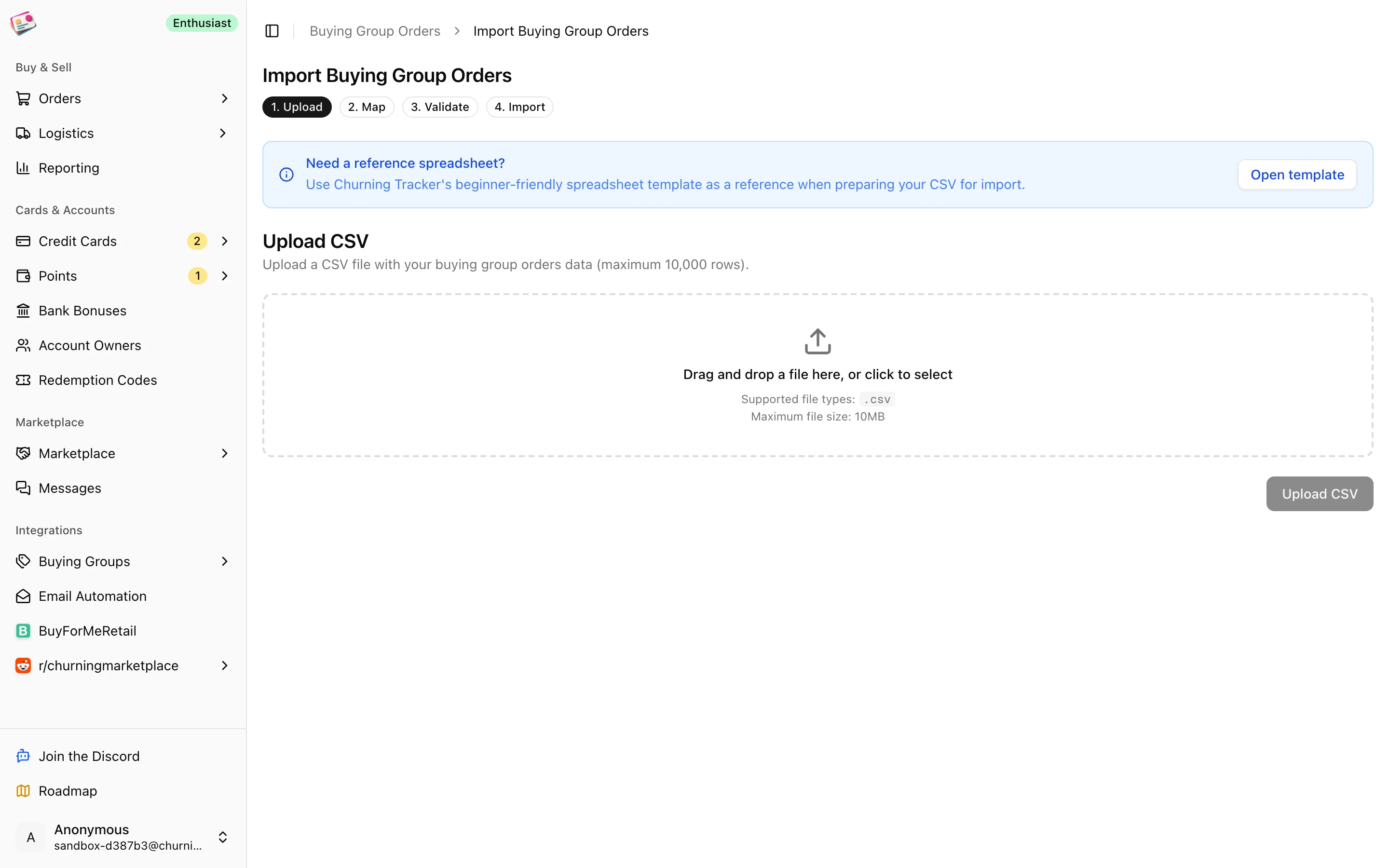 The CSV import upload step