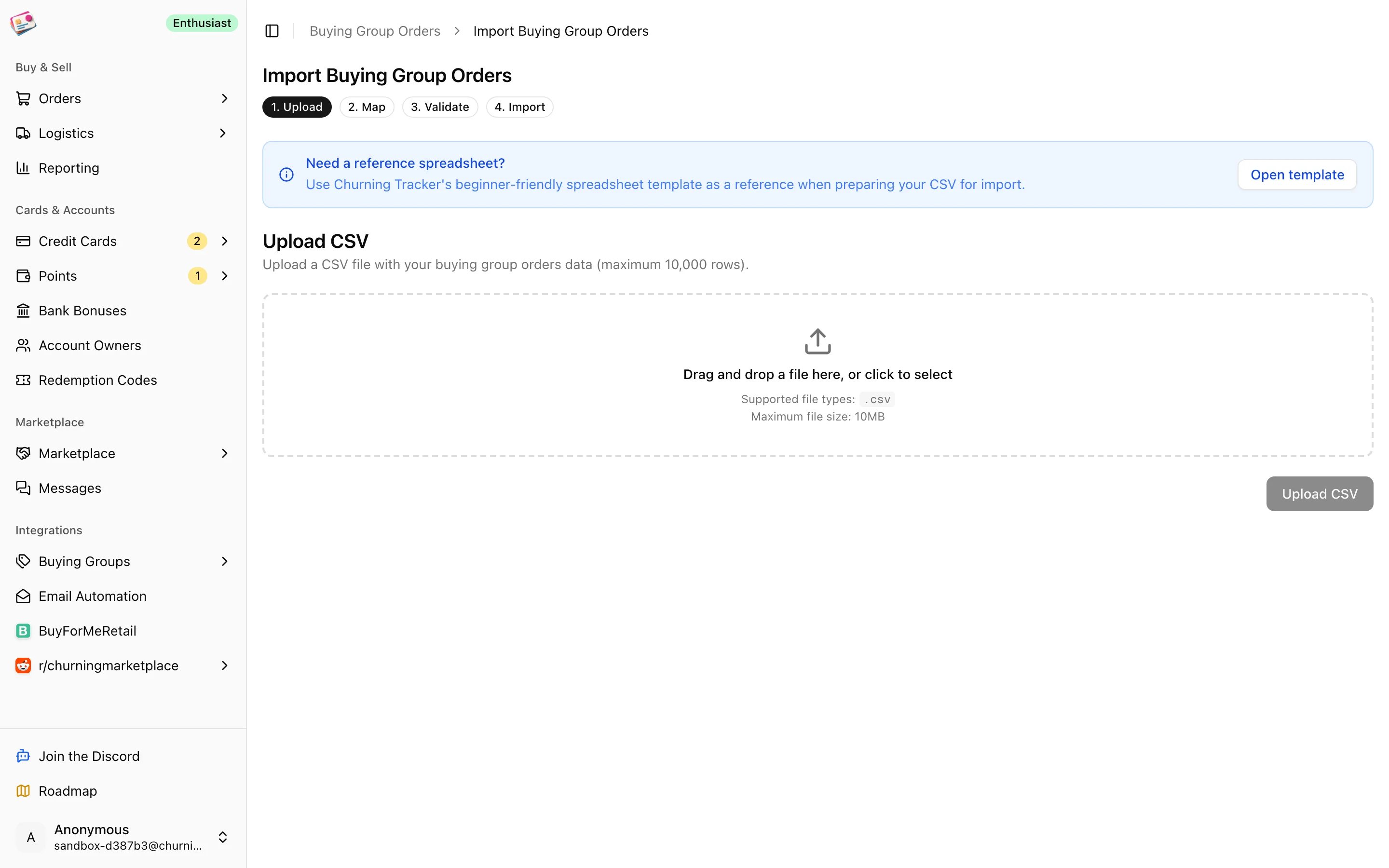 The CSV import upload step