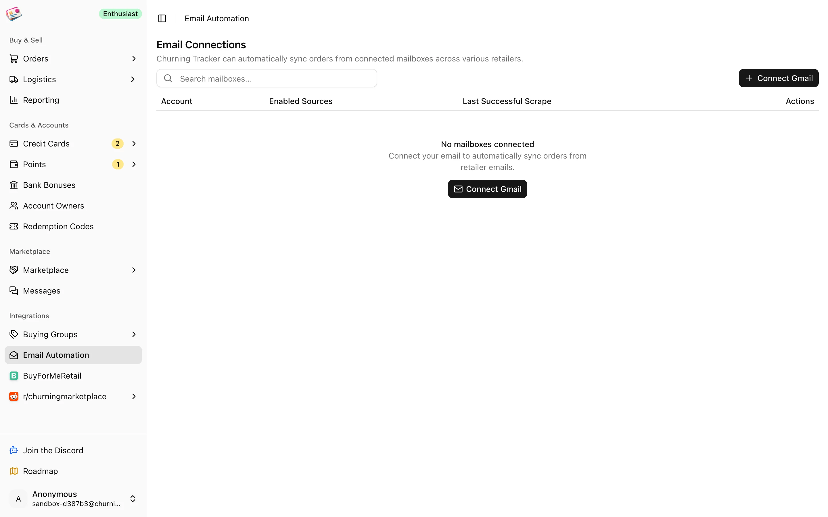 The Email Automation page before any mailbox is connected
