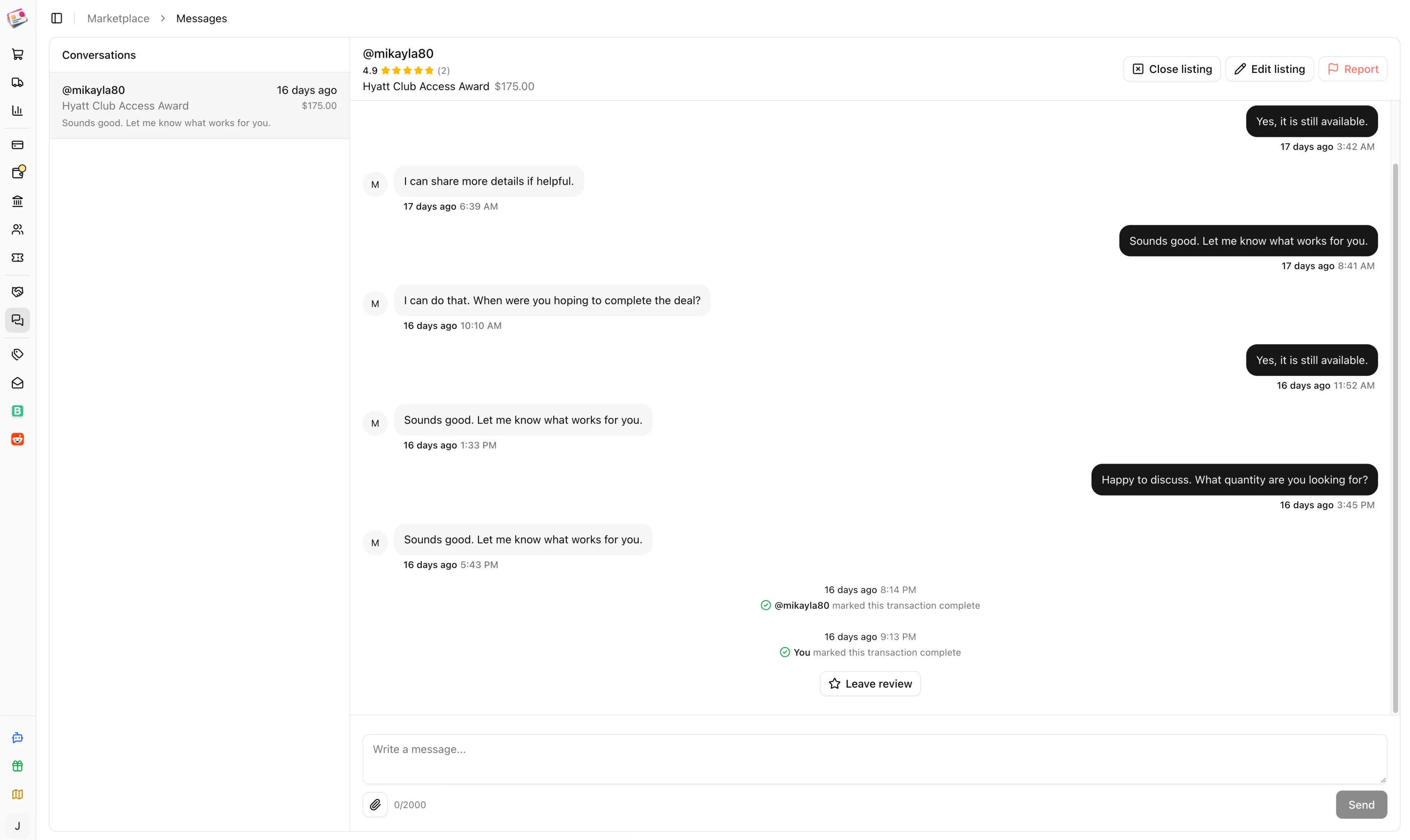 A marketplace message thread with a completed transaction and a review prompt