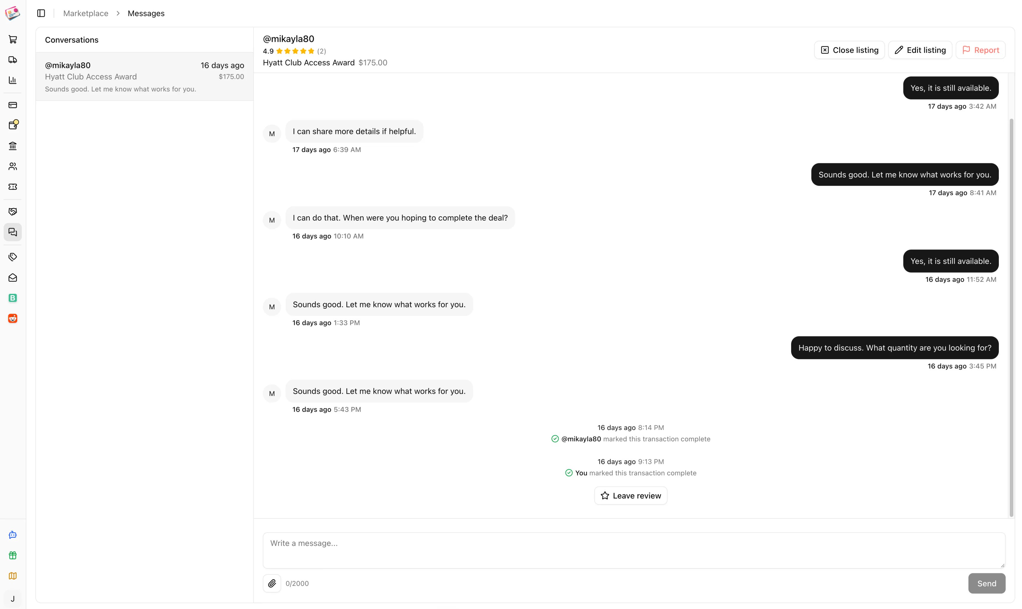 A marketplace message thread with a completed transaction and a review prompt