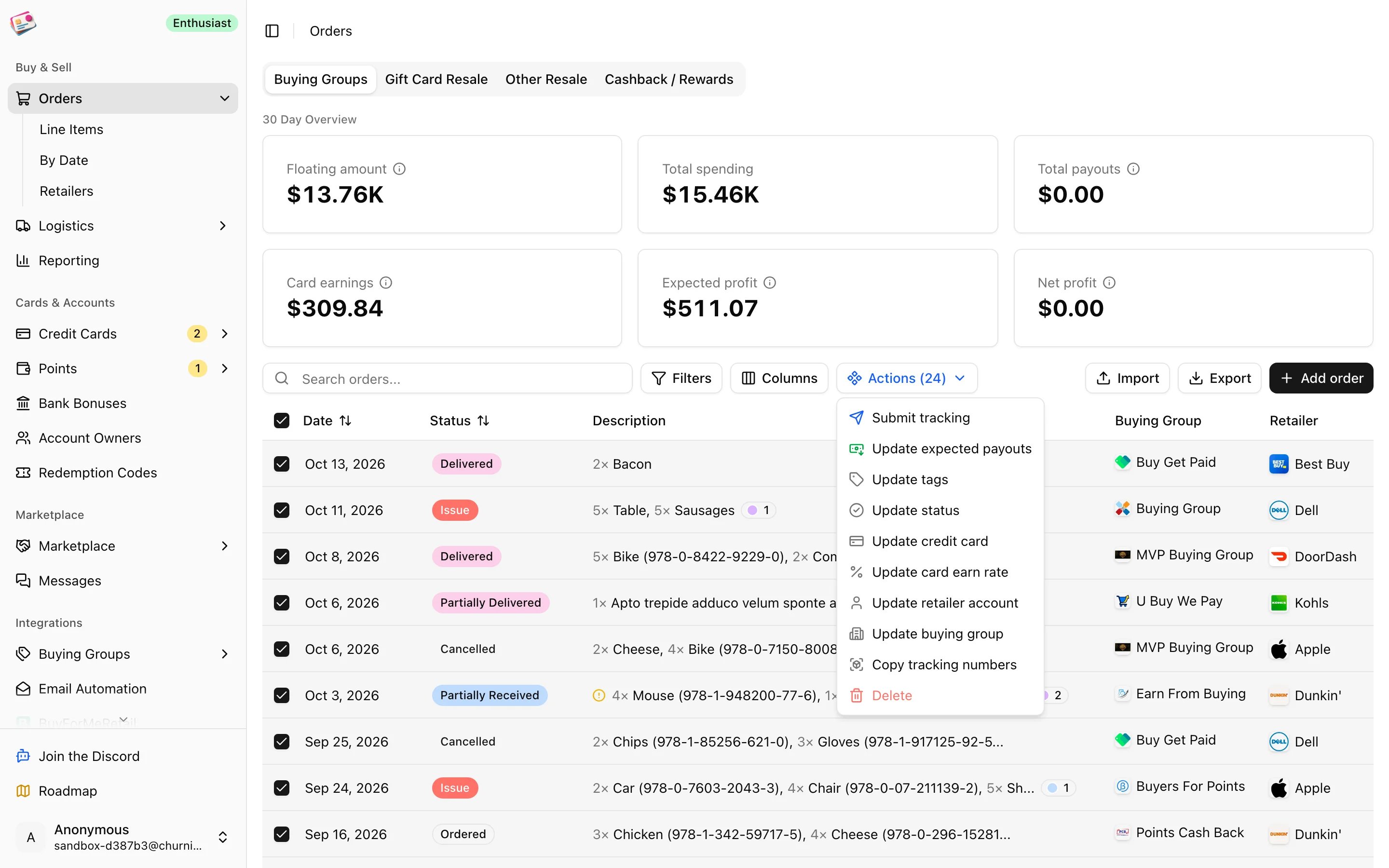 The bulk Actions menu with rows selected