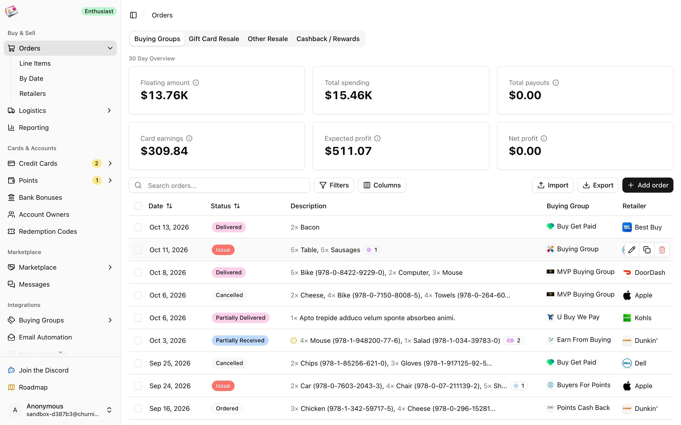 The Orders page on the Buying Groups tab