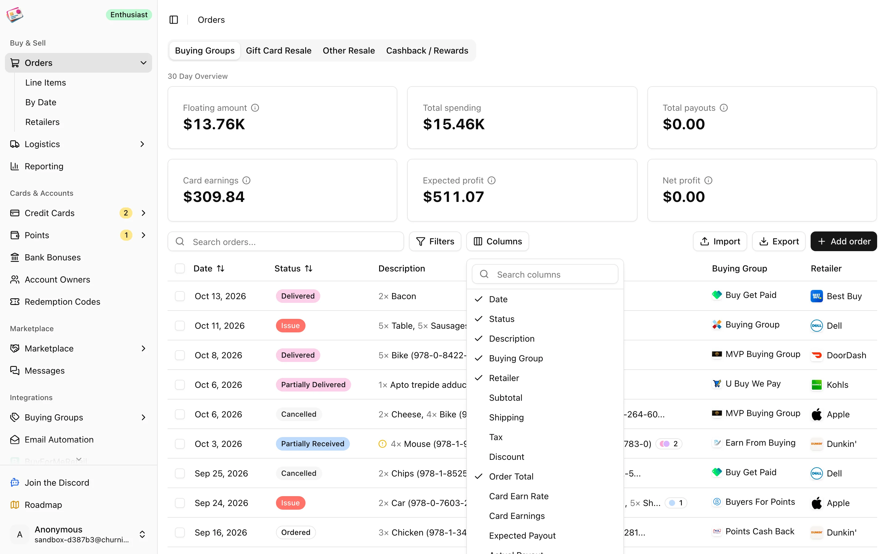 The column picker on the orders table with the base profit switch