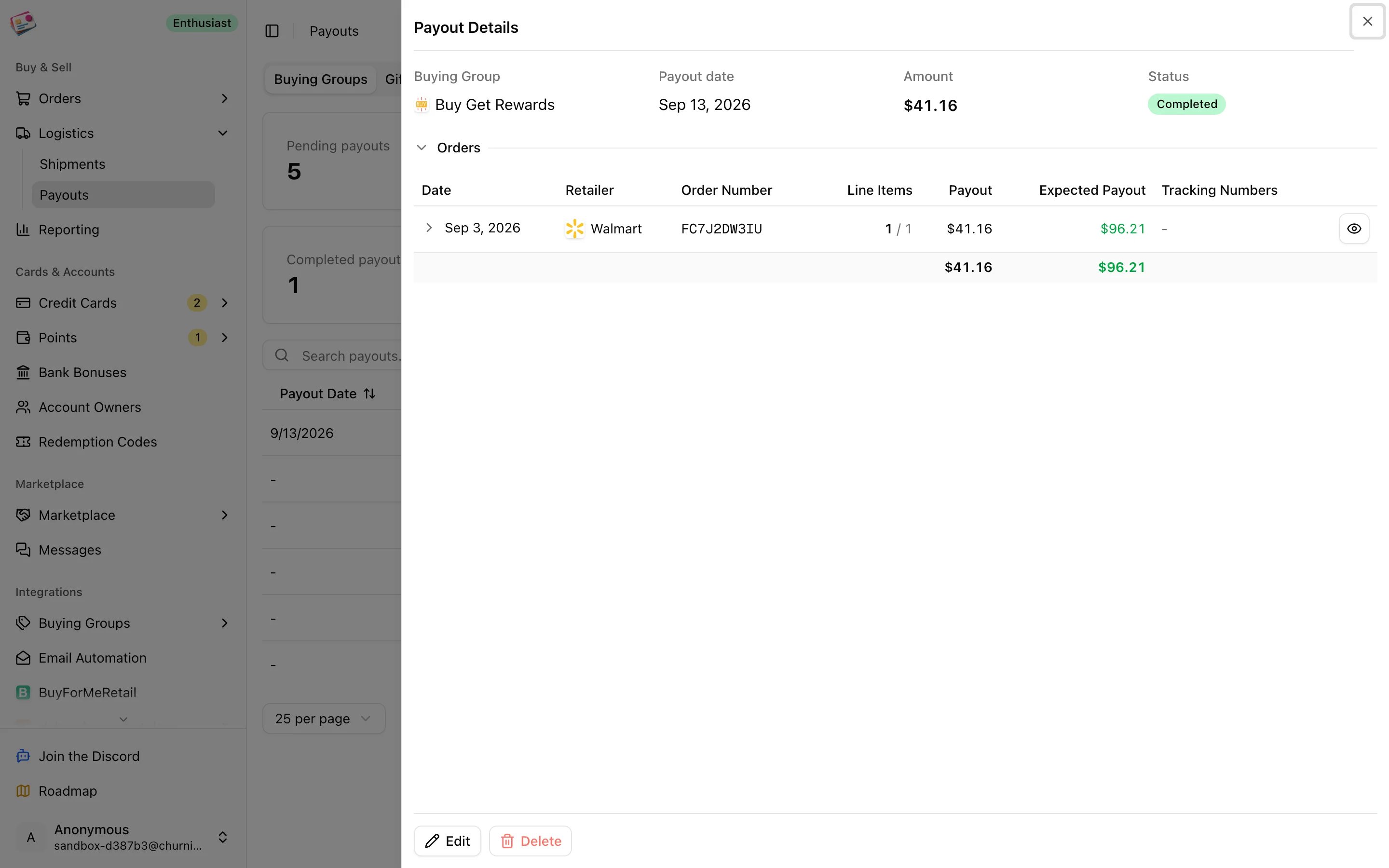 The Payout Details panel listing the orders a payout covers