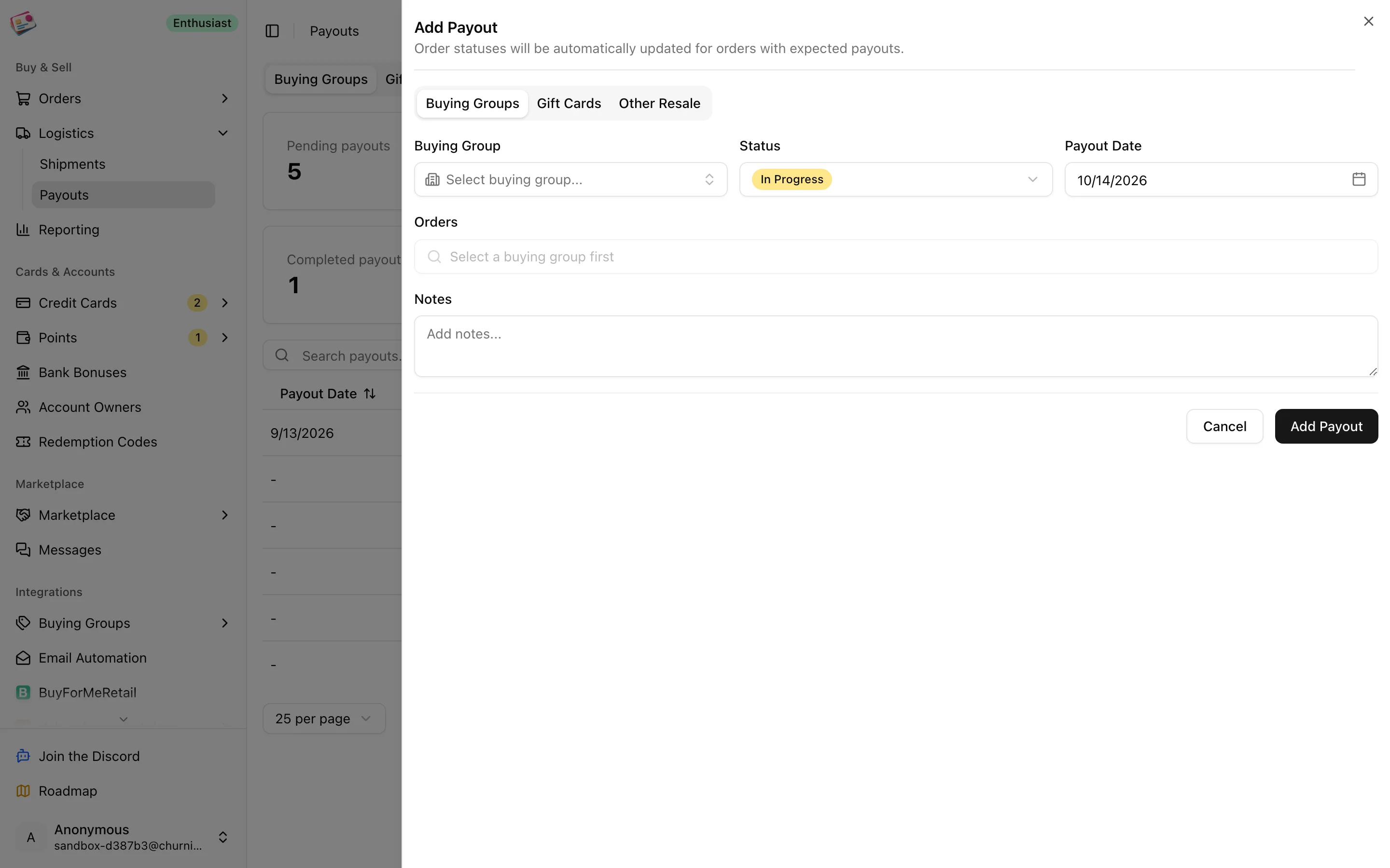 The Add Payout sheet with type tabs, buying group, status, date, orders, and notes