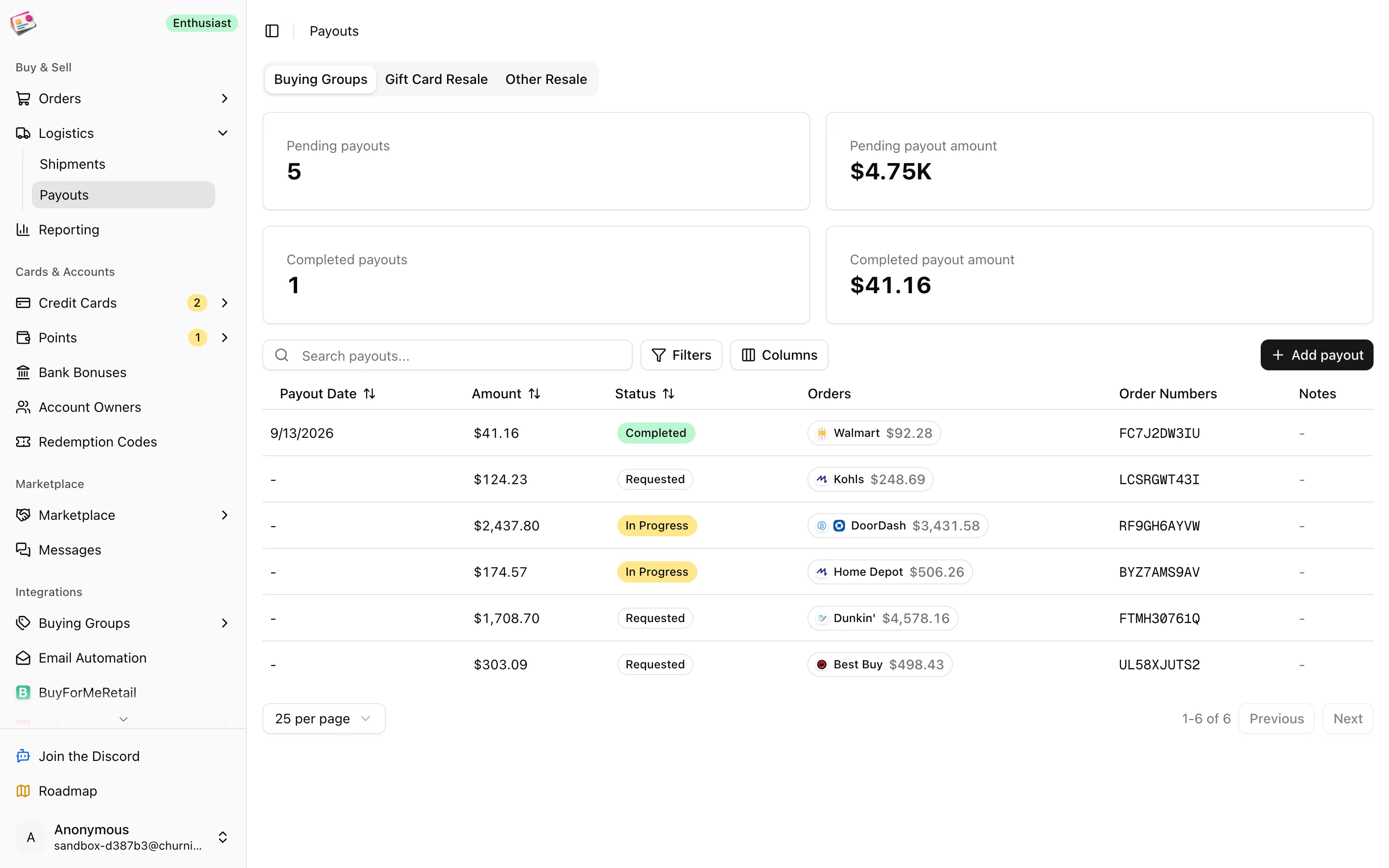 The Payouts page with pending and completed totals and the payouts table