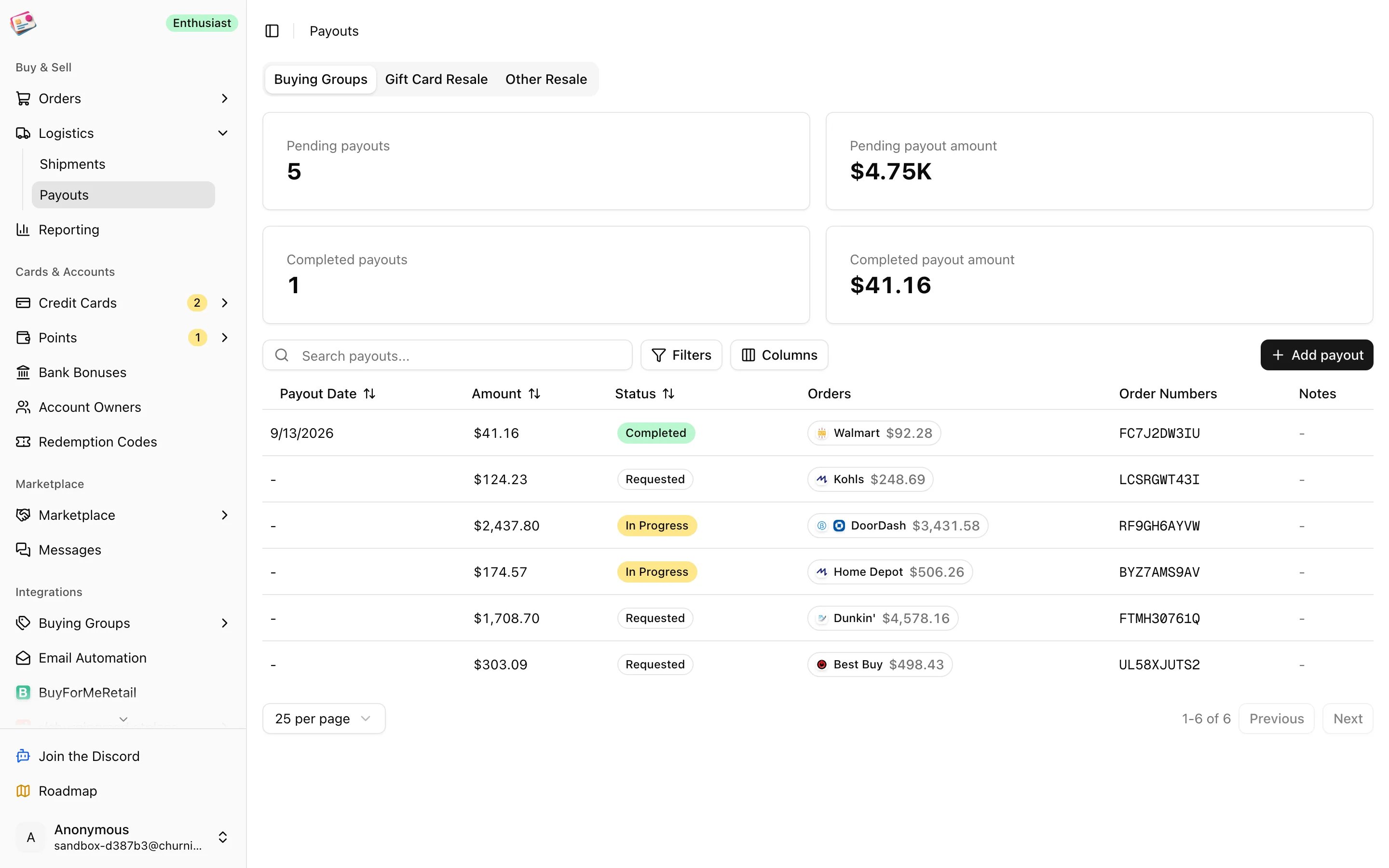 The Payouts page with pending and completed totals and the payouts table