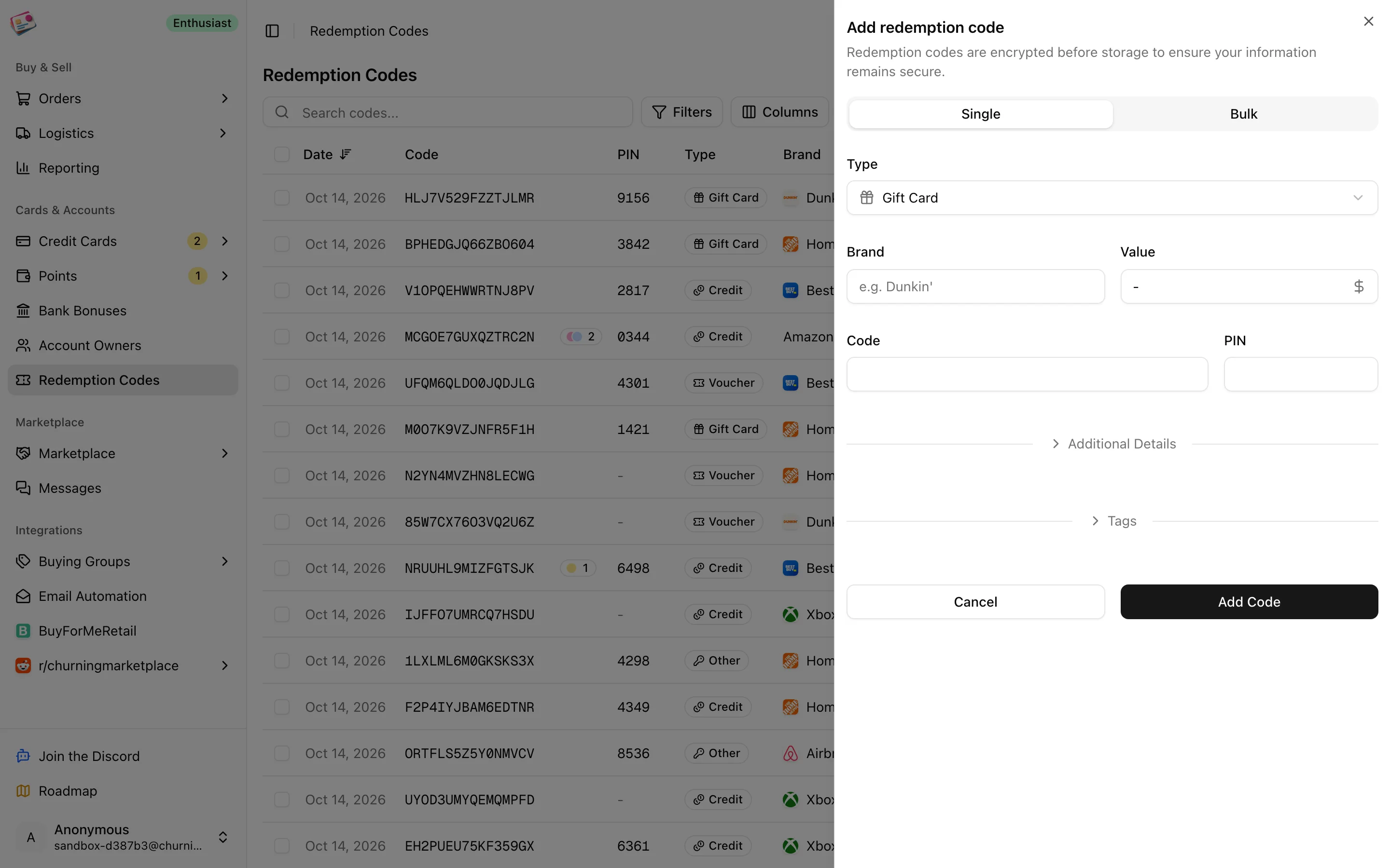 The Add redemption code form with Single and Bulk tabs