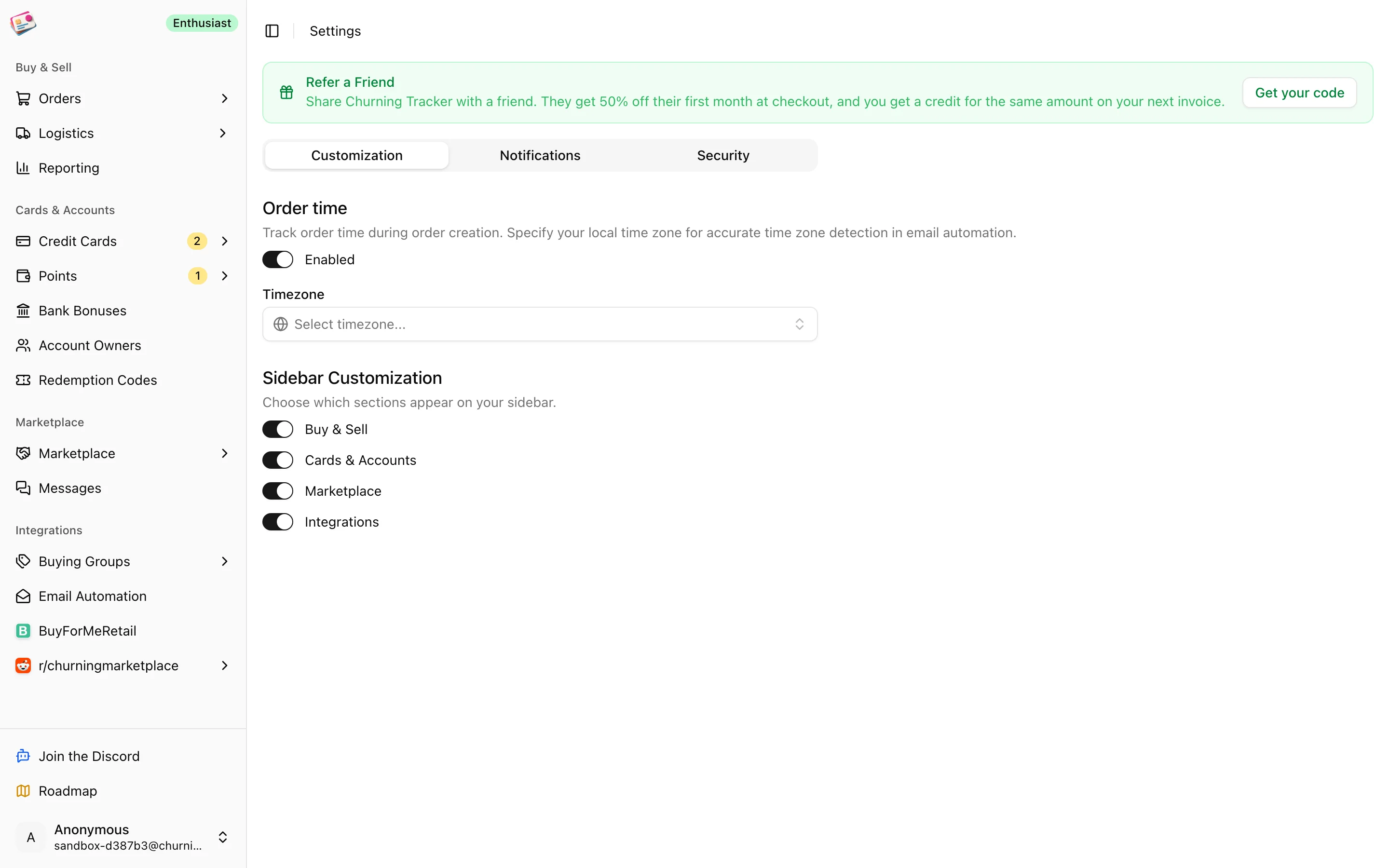 The Customization tab in Settings