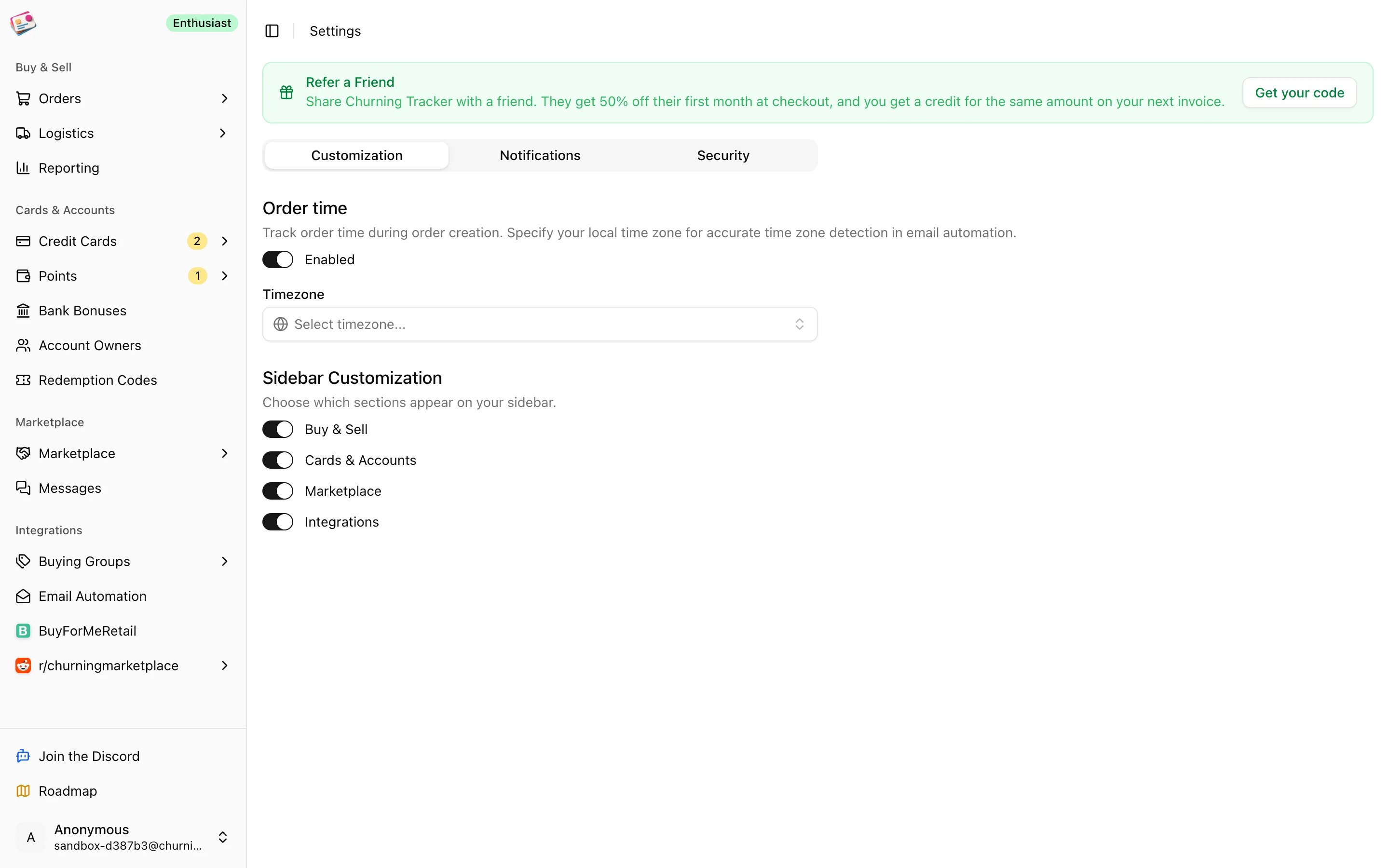 The Customization tab in Settings