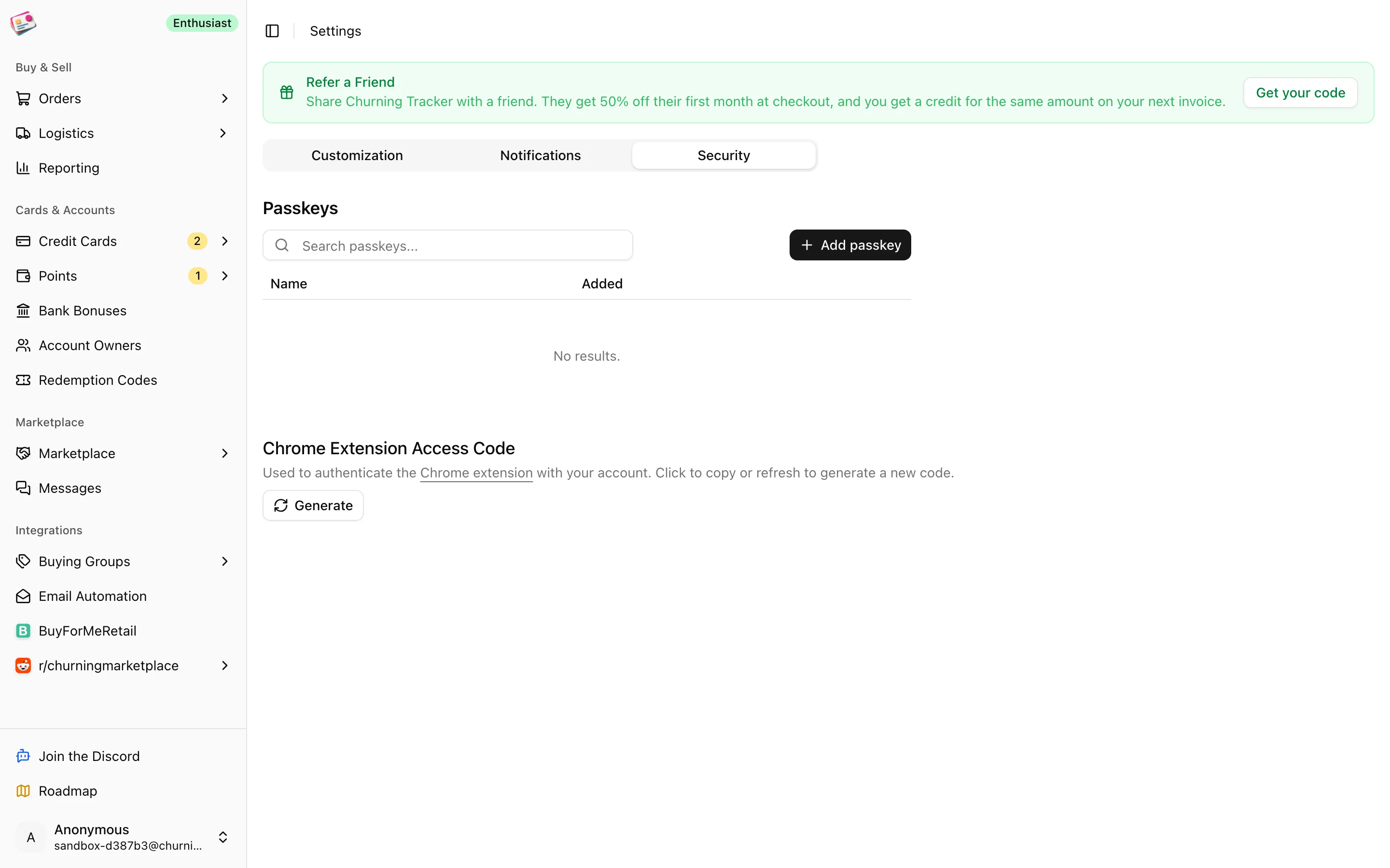 The Security tab in Settings with the Chrome Extension Access Code