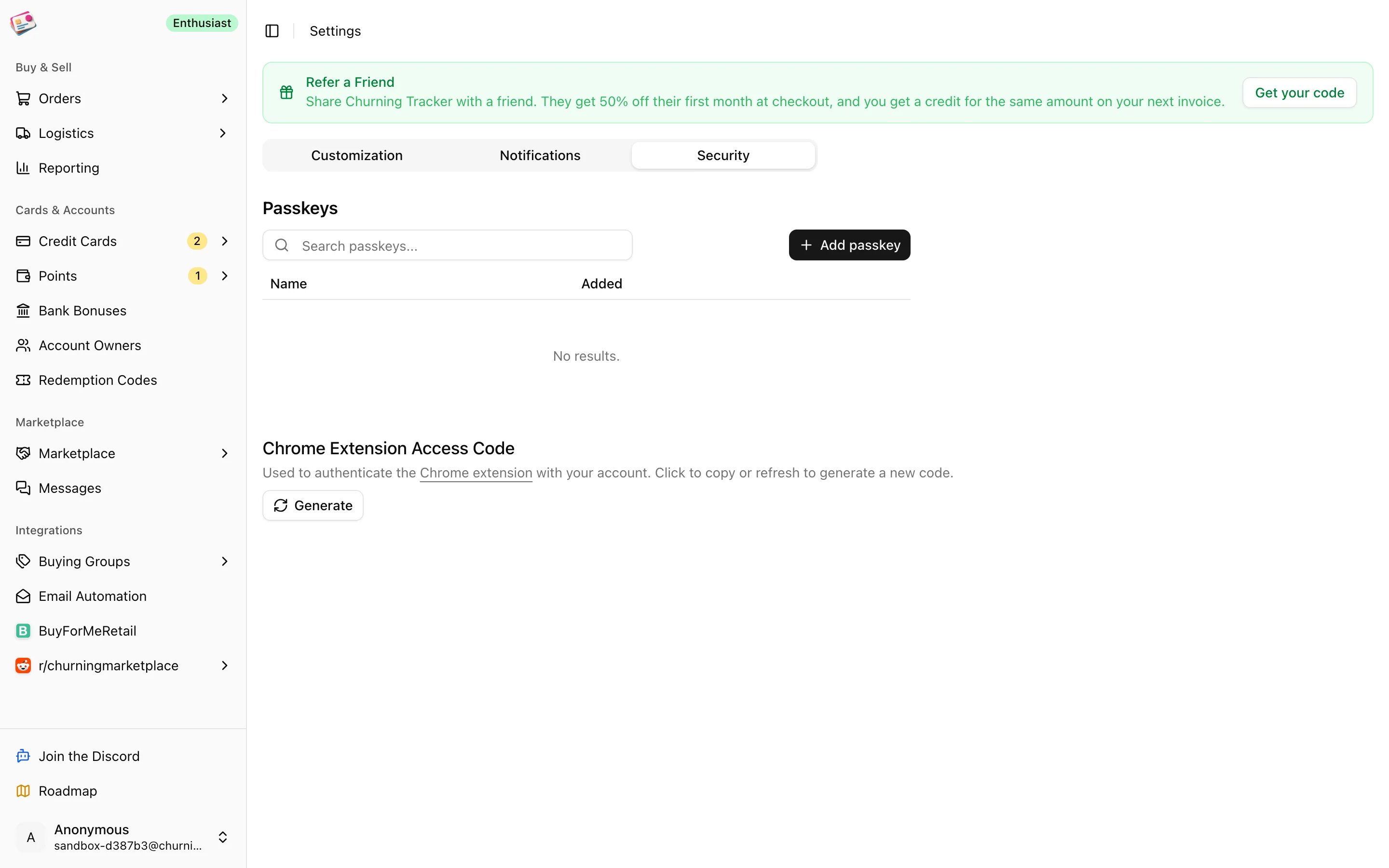The Security tab in Settings with the Chrome Extension Access Code