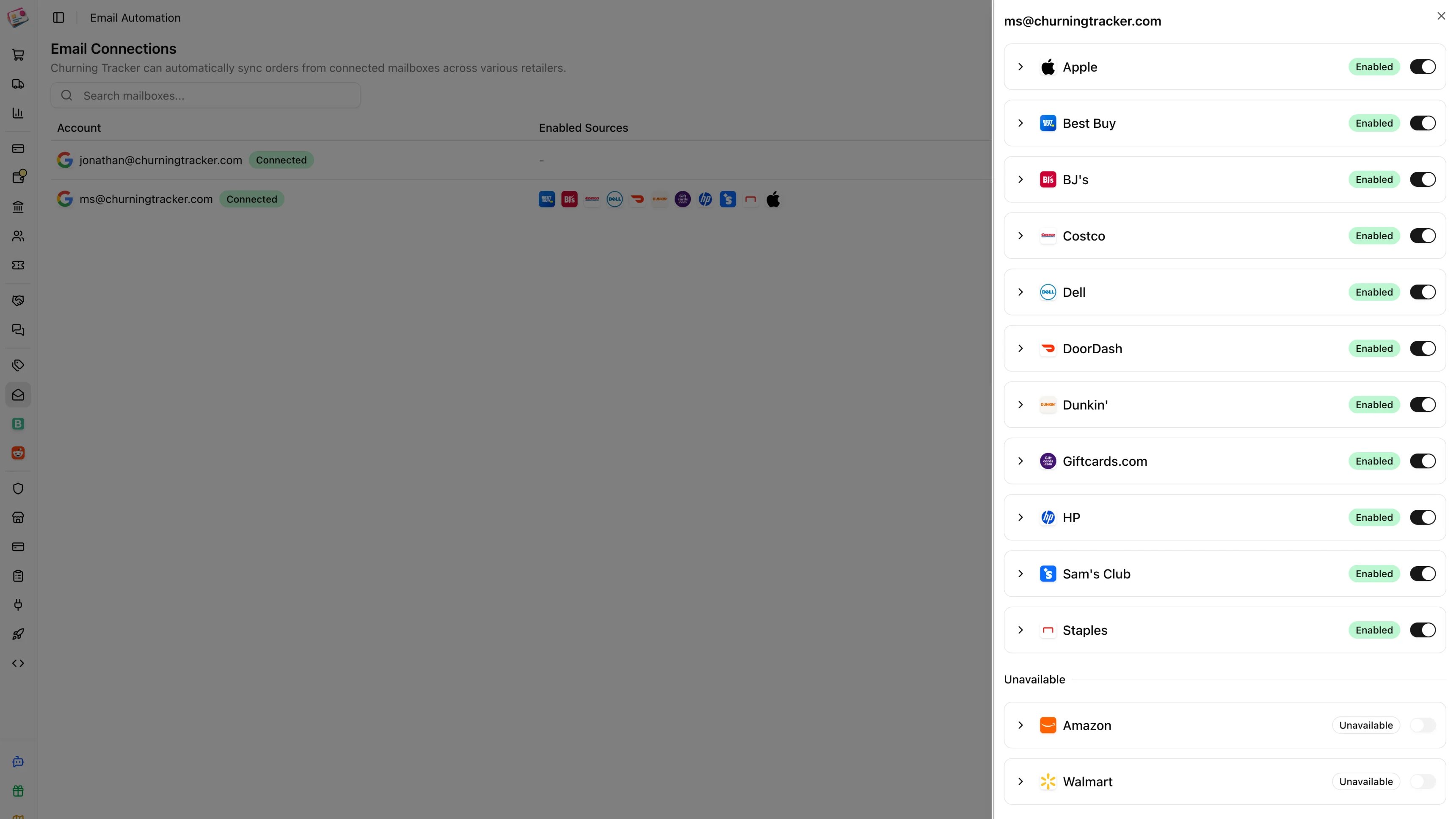 A mailbox's retailer sources with each one enabled