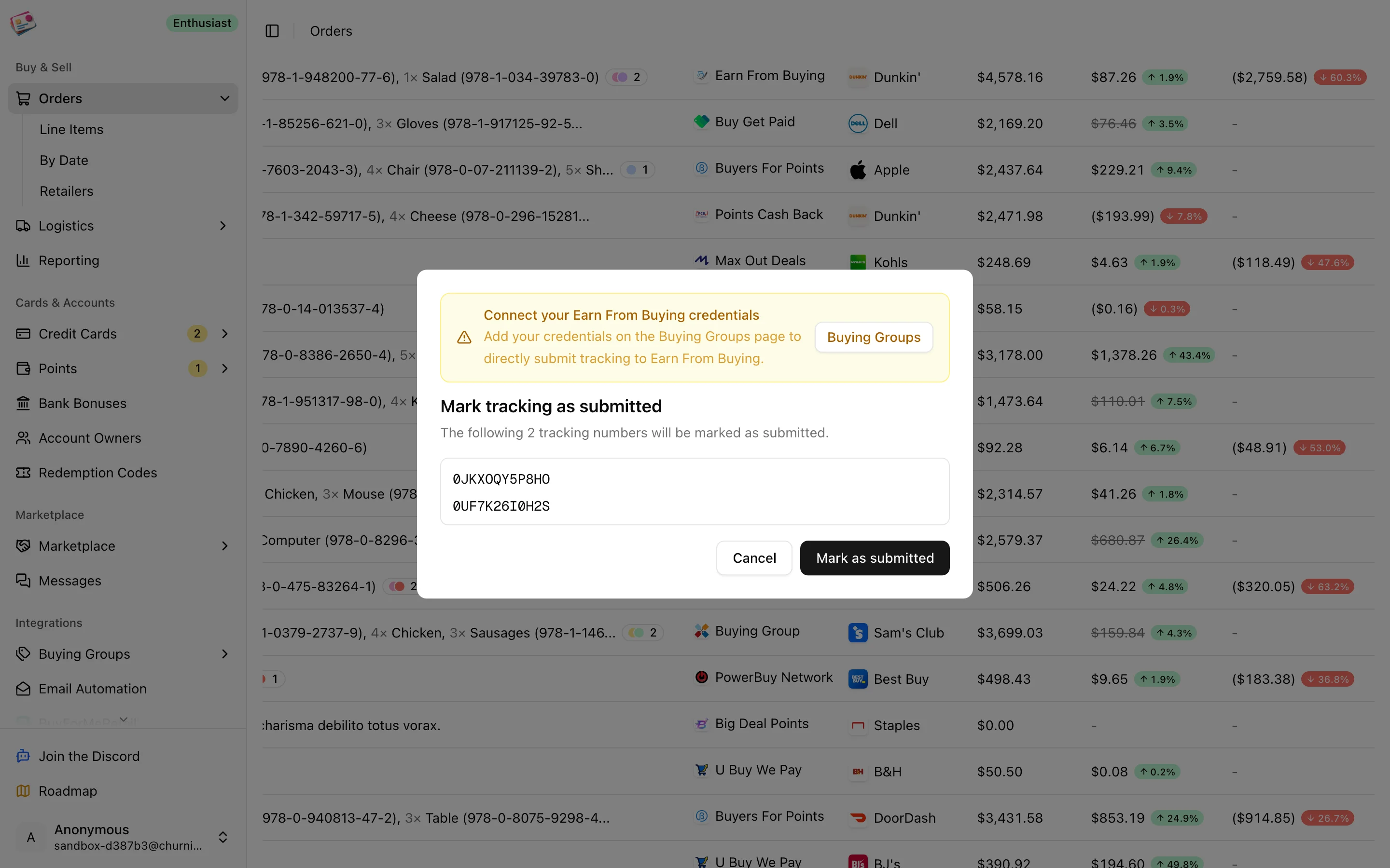 The Submit tracking dialog listing tracking numbers, order numbers, and shipment values