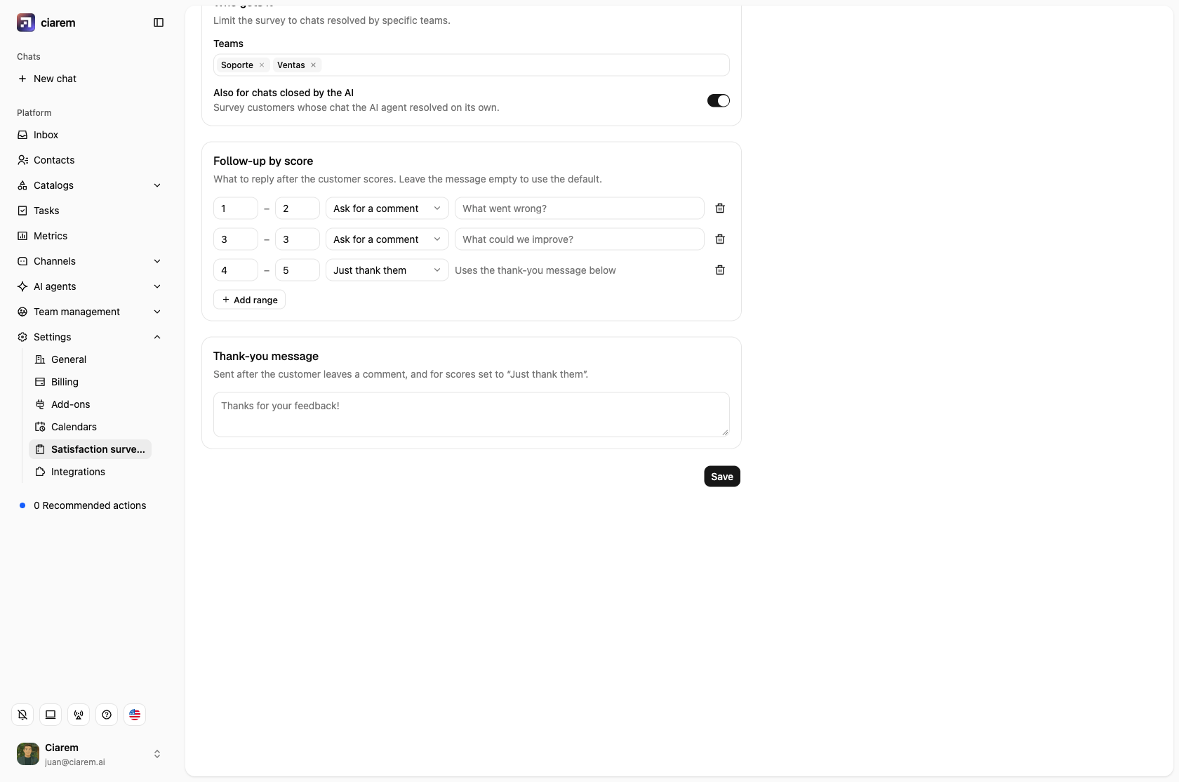 Follow-up by score: ask for a comment on 1–2 and 3, just thank them on 4–5, and the thank-you message below