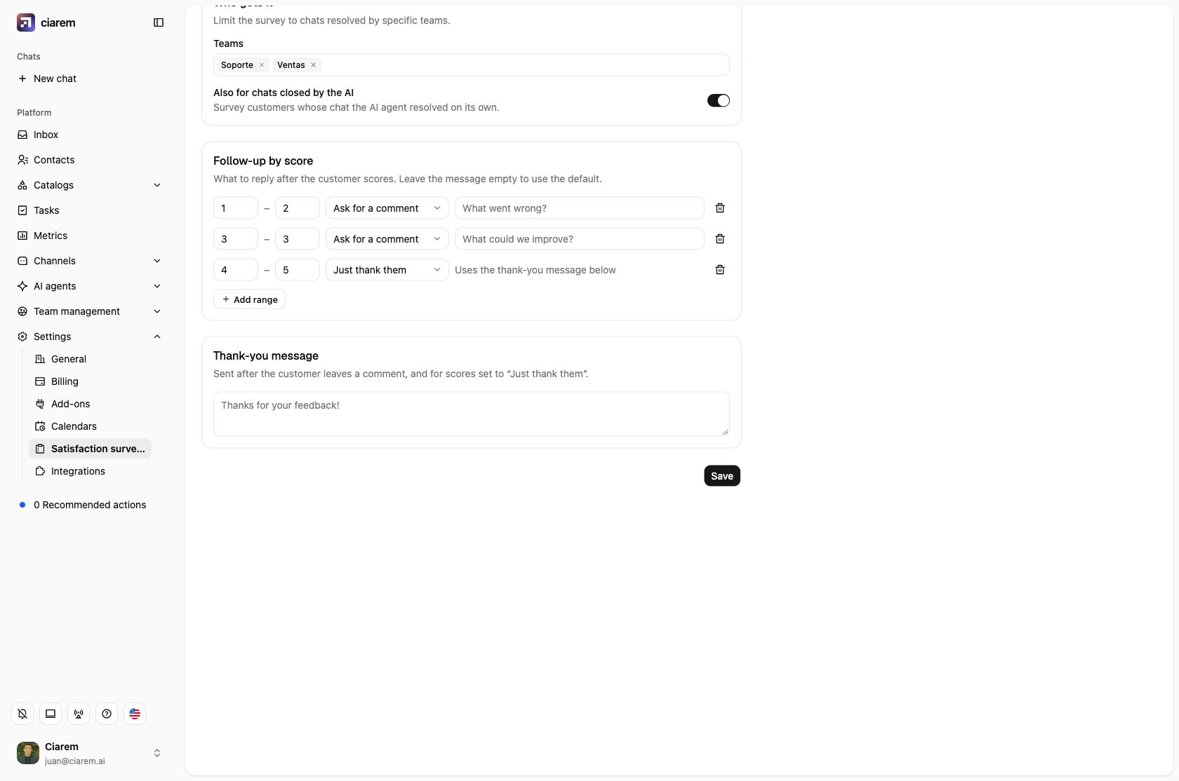 Follow-up by score: ask for a comment on 1–2 and 3, just thank them on 4–5, and the thank-you message below