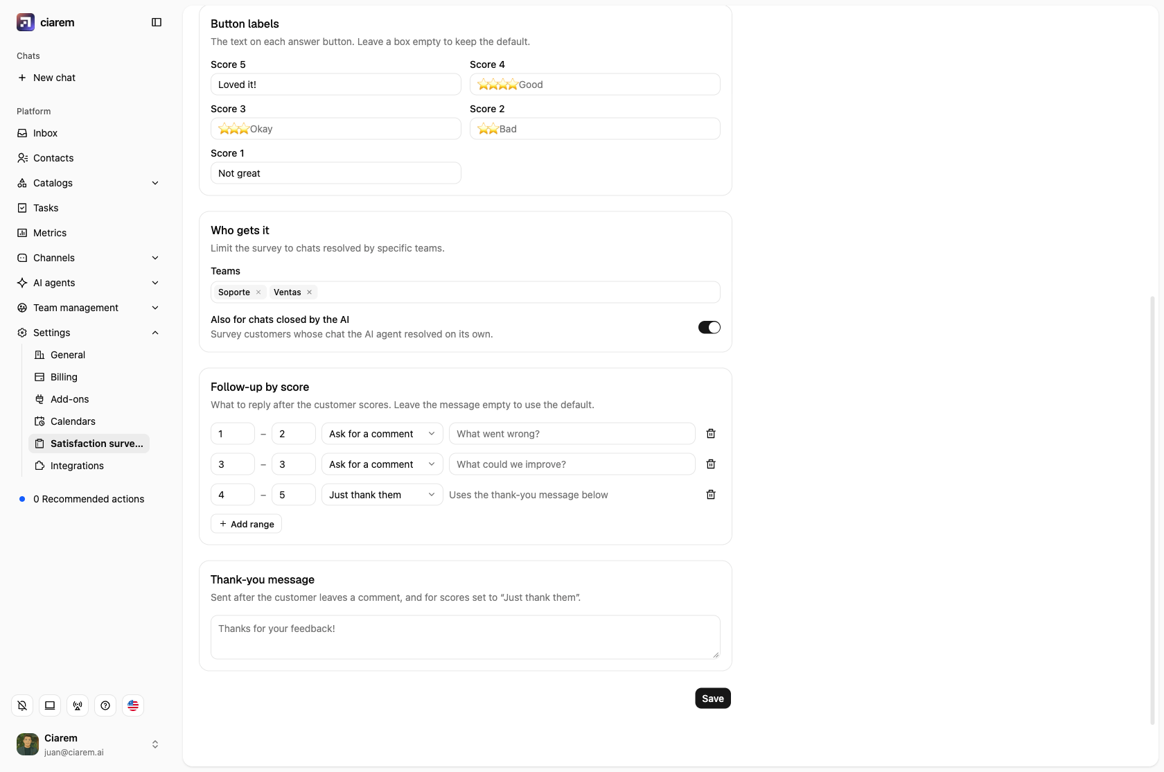 The Button labels card: one box per score, with the default text as a placeholder
