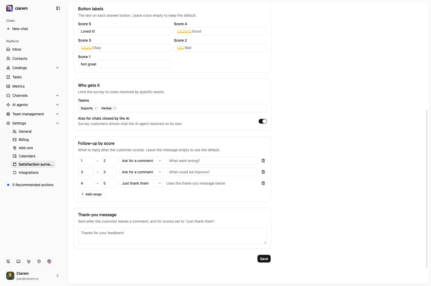 The Button labels card: one box per score, with the default text as a placeholder