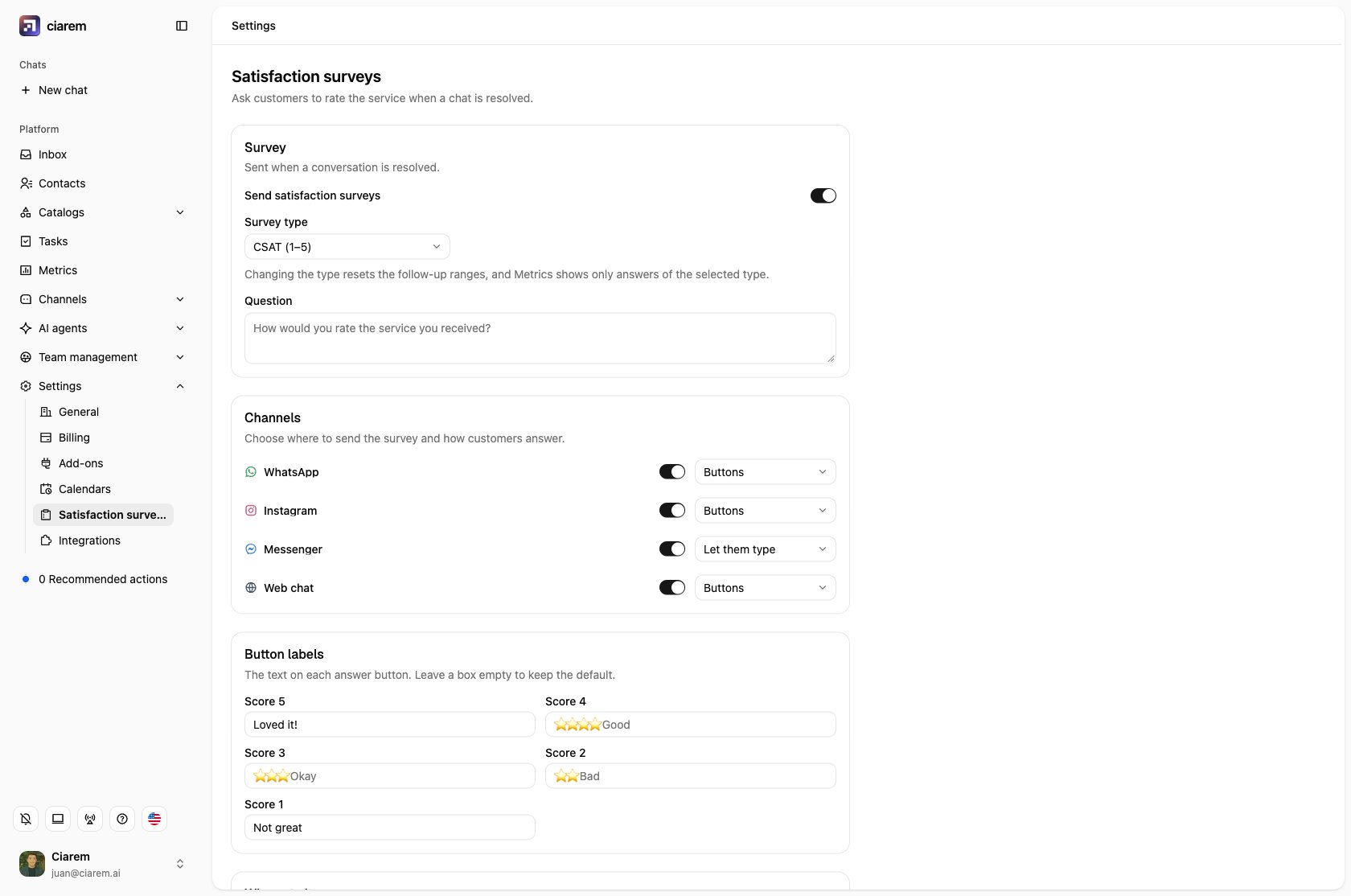 The Satisfaction surveys settings: the survey switch, the survey type and question, and the channels with how customers answer on each