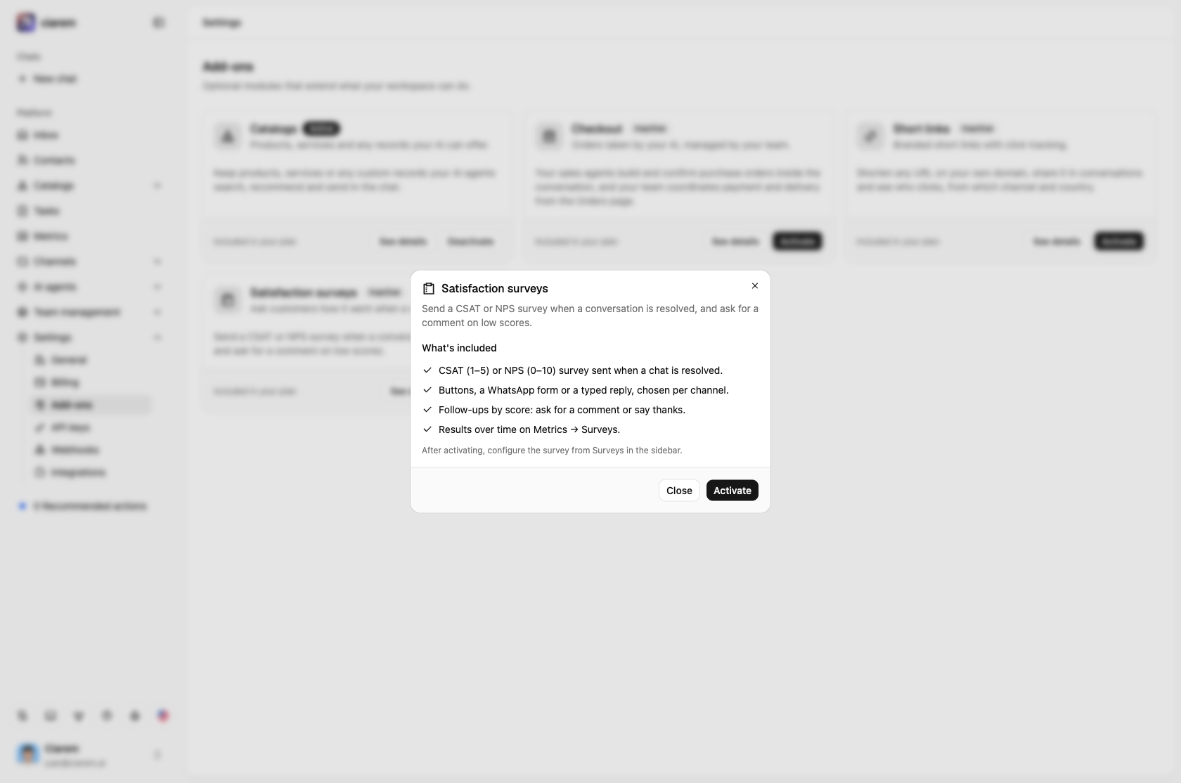 The Satisfaction surveys details: what the add-on includes, with Close and Activate