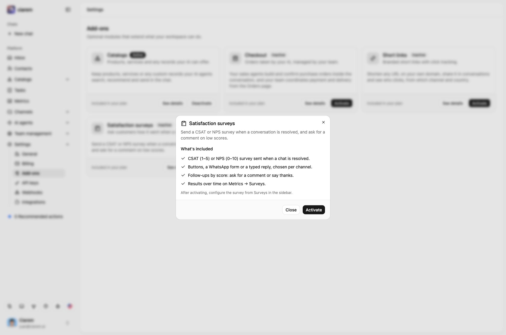 The Satisfaction surveys details: what the add-on includes, with Close and Activate