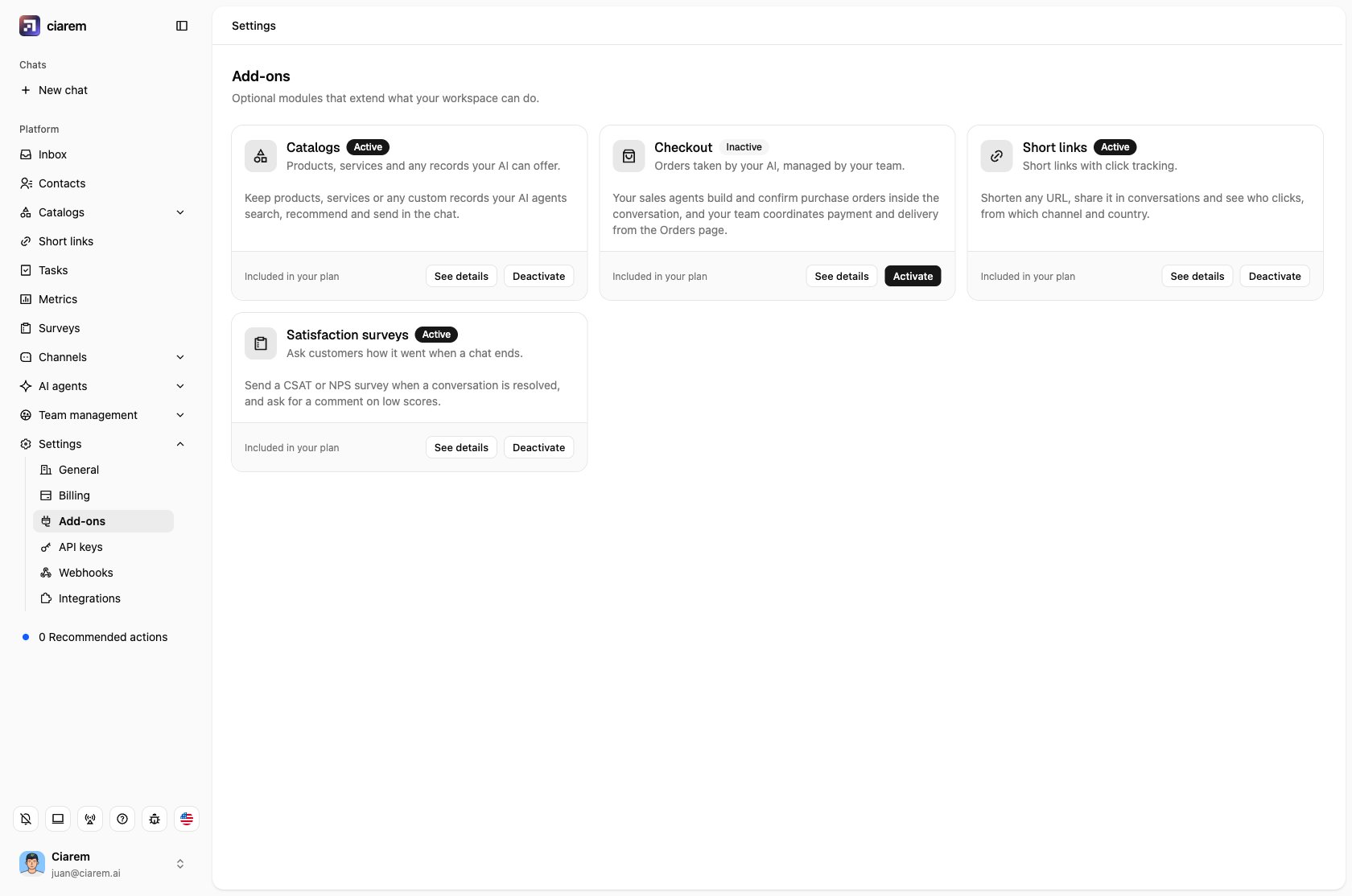 The Add-ons page under Settings: Catalogs, Checkout, Short links and Satisfaction surveys, each with See details and Activate or Deactivate