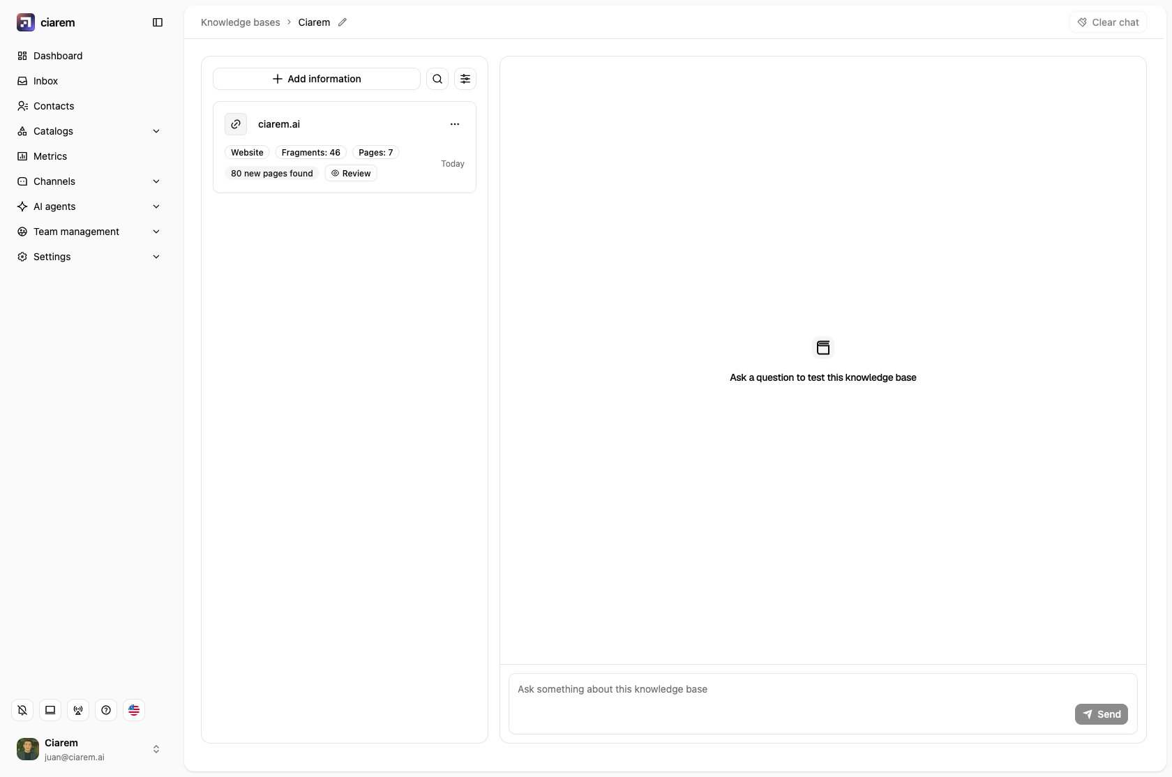 A website source after a recrawl: the card shows how many new pages were found and a Review button