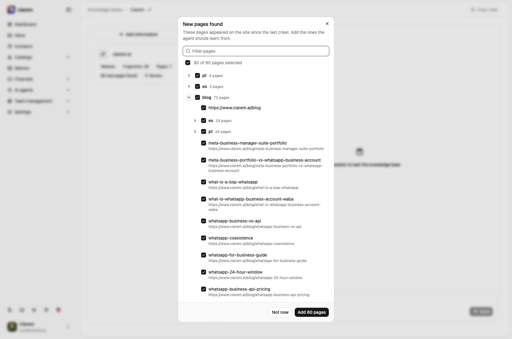 Reviewing the new pages found on the site, grouped by section, before adding them