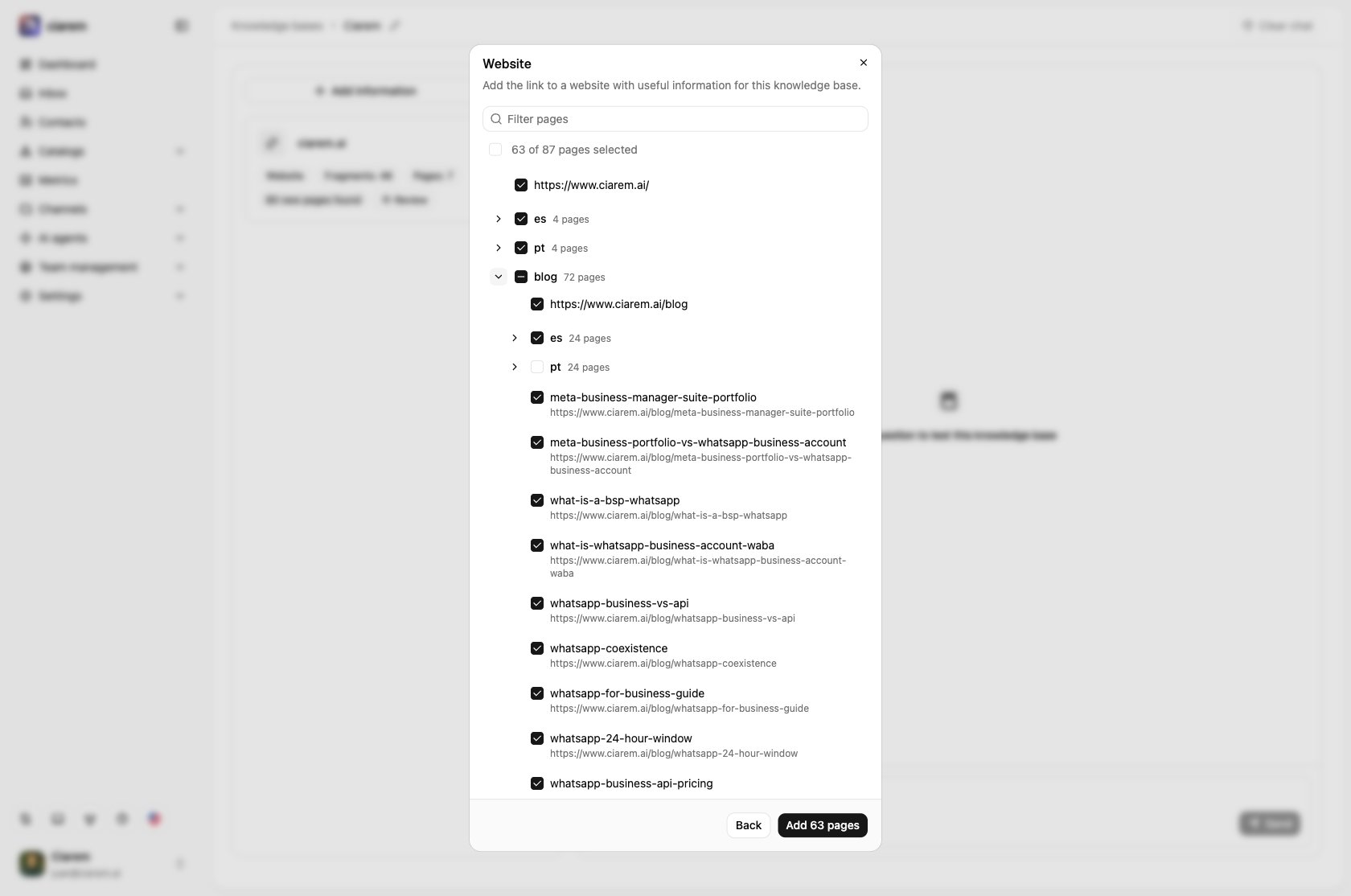 The blog group opened, with its Portuguese posts unselected and the group checkbox showing a partial selection