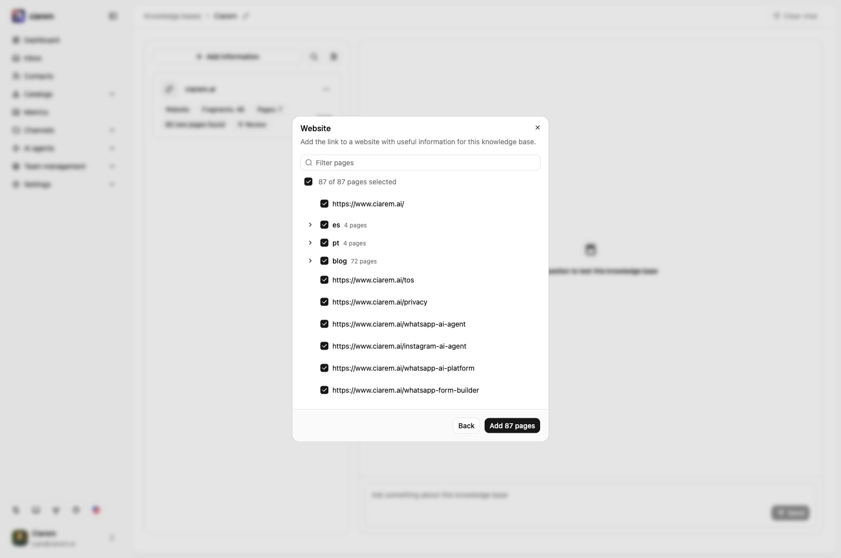The pages Ciarem found on ciarem.ai, grouped by section, all selected