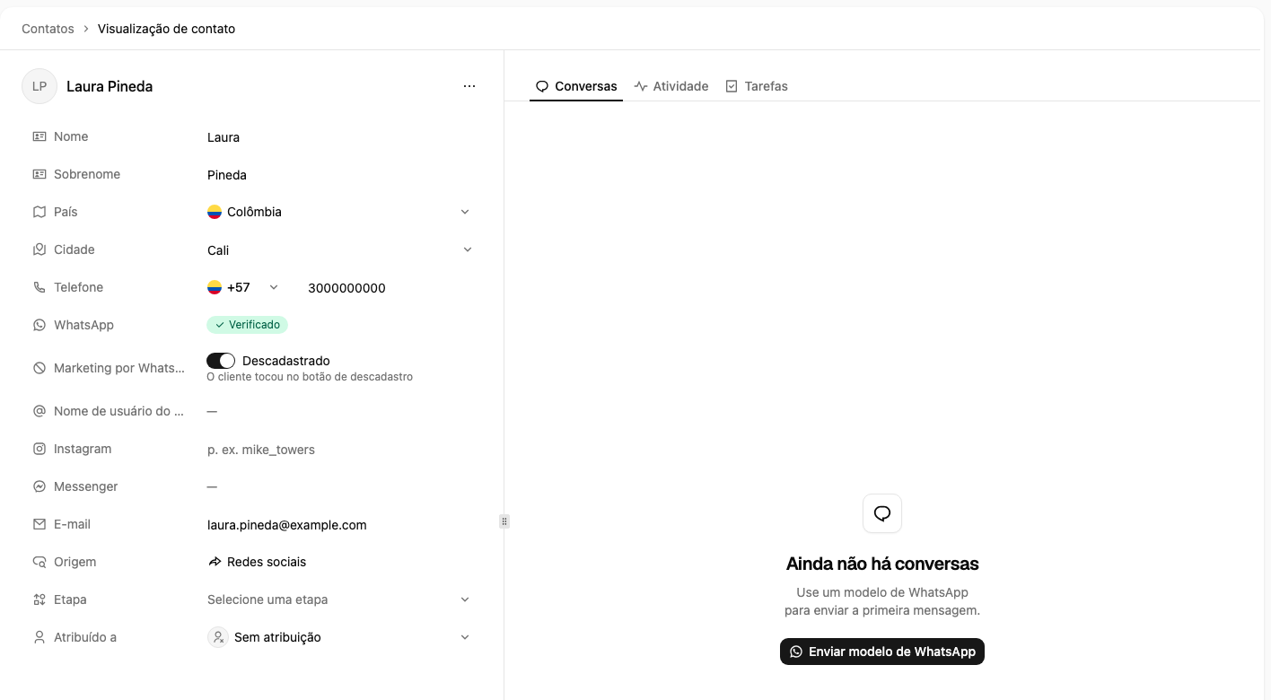 A visualização de um contato com a chave Marketing por WhatsApp ativada, mostrando Descadastrado e que o cliente tocou no botão de descadastro