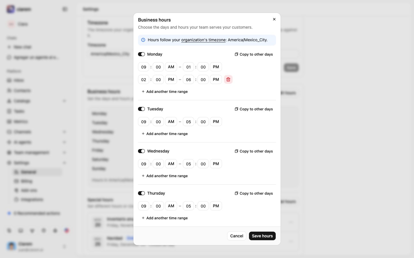 The Business hours dialog: a switch per day, each day's time ranges, and Copy to other days