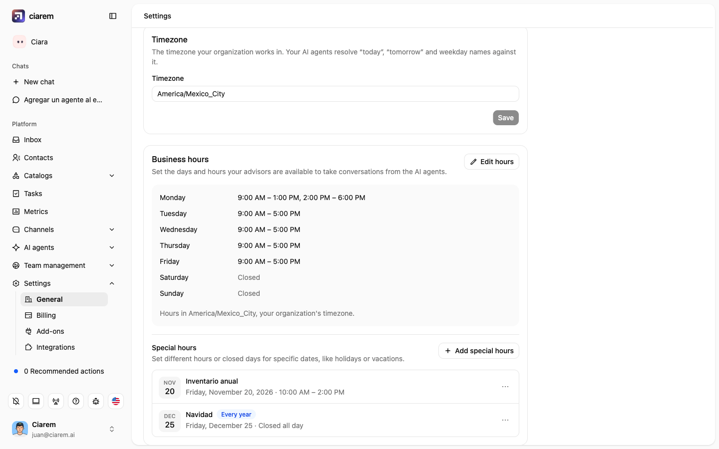 The Business hours card in Settings > General: the hours for each day of the week, the timezone note, and the Special hours list