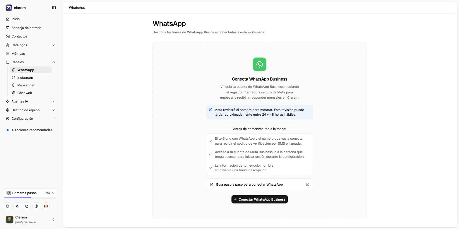 La página del canal de WhatsApp con el botón Conectar WhatsApp Business
