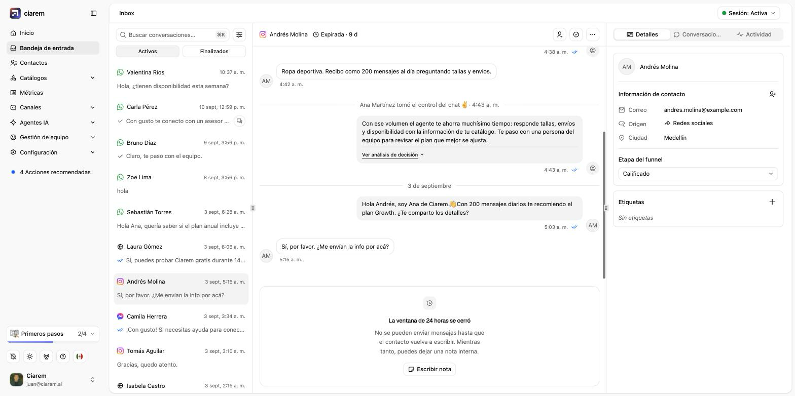 Una conversación de Instagram cuya ventana de 24 horas se cerró: el redactor está bloqueado y solo ofrece Escribir nota