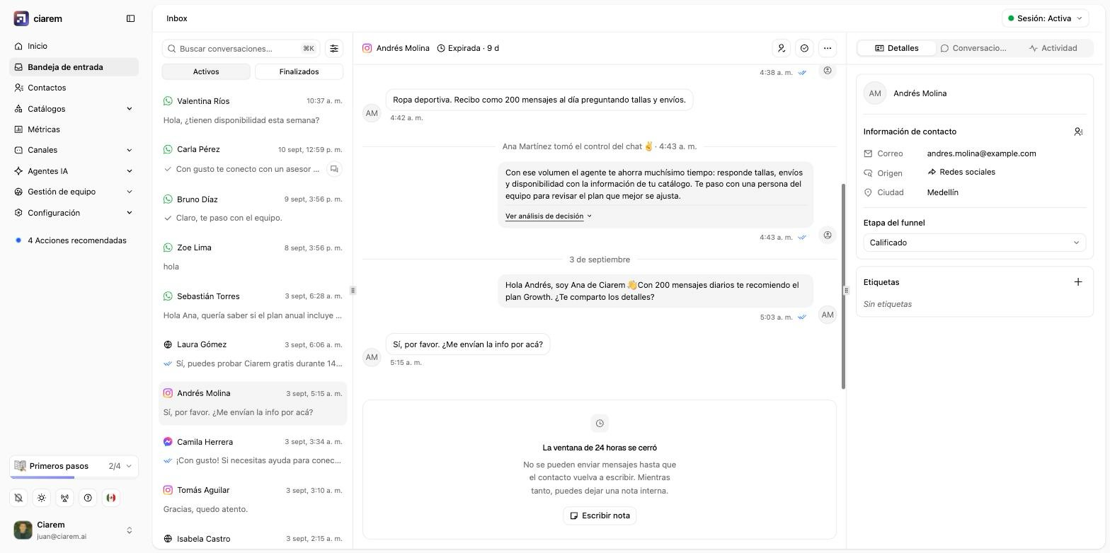 Una conversación de Instagram cuya ventana de 24 horas se cerró: el redactor está bloqueado y solo ofrece Escribir nota
