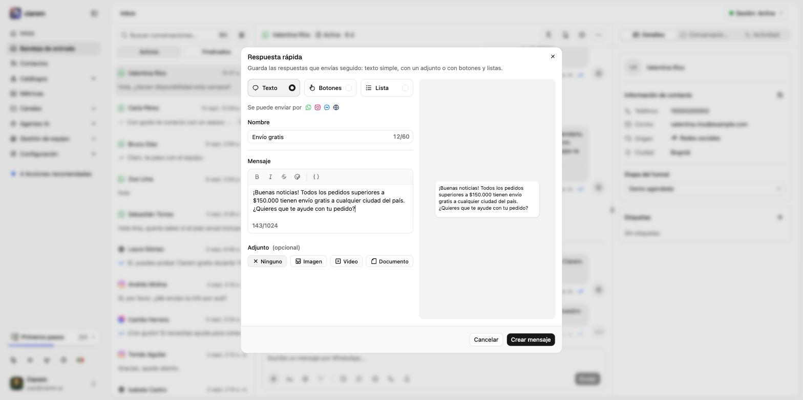 El editor de respuesta rápida con el tipo Texto seleccionado, los canales por los que se puede enviar, el mensaje y el adjunto opcional
