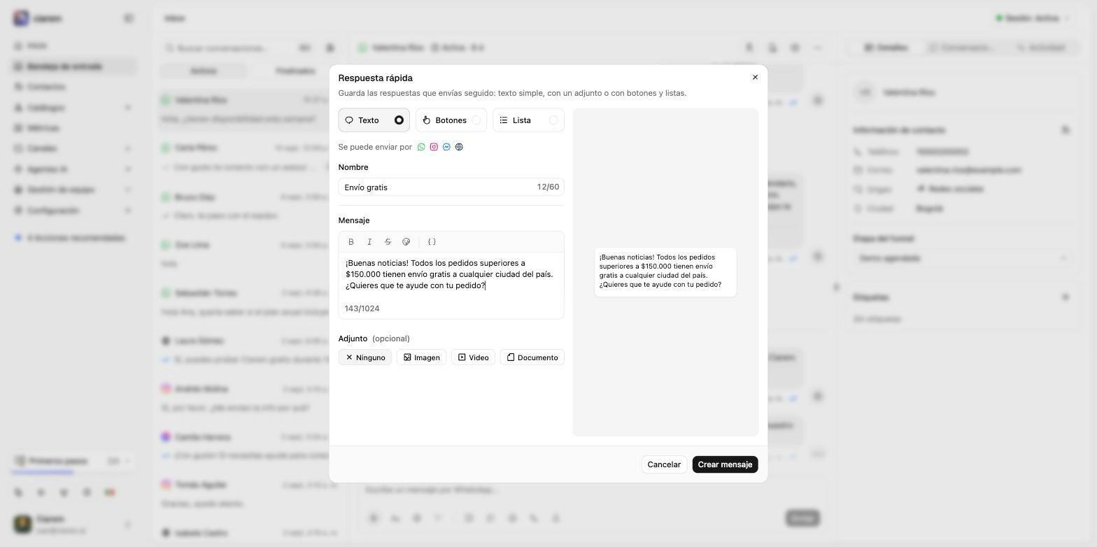 El editor de respuesta rápida con el tipo Texto seleccionado, los canales por los que se puede enviar, el mensaje y el adjunto opcional
