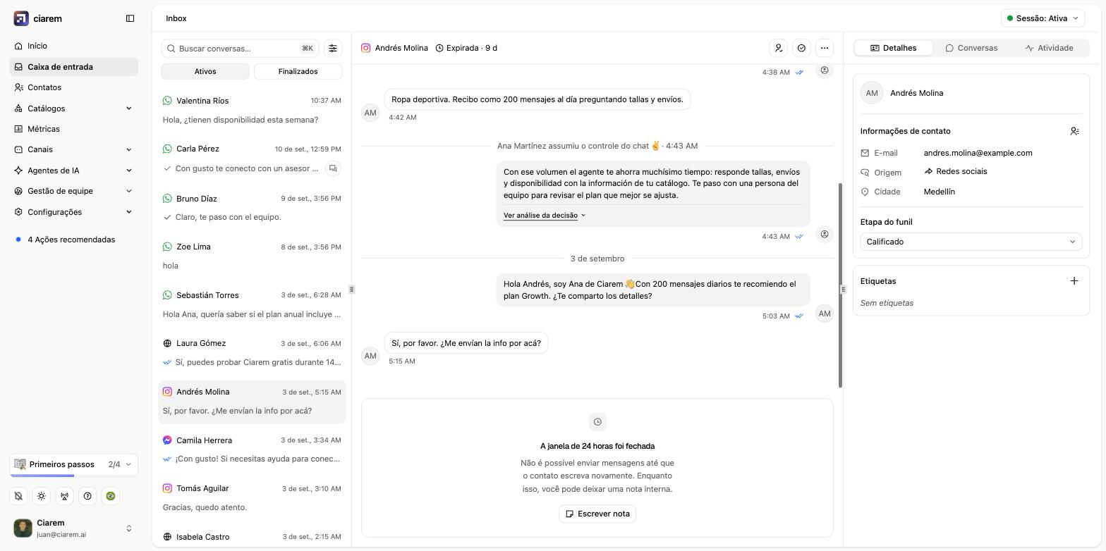 Uma conversa do Instagram cuja janela de 24 horas fechou: o compositor está travado e só oferece Escrever nota