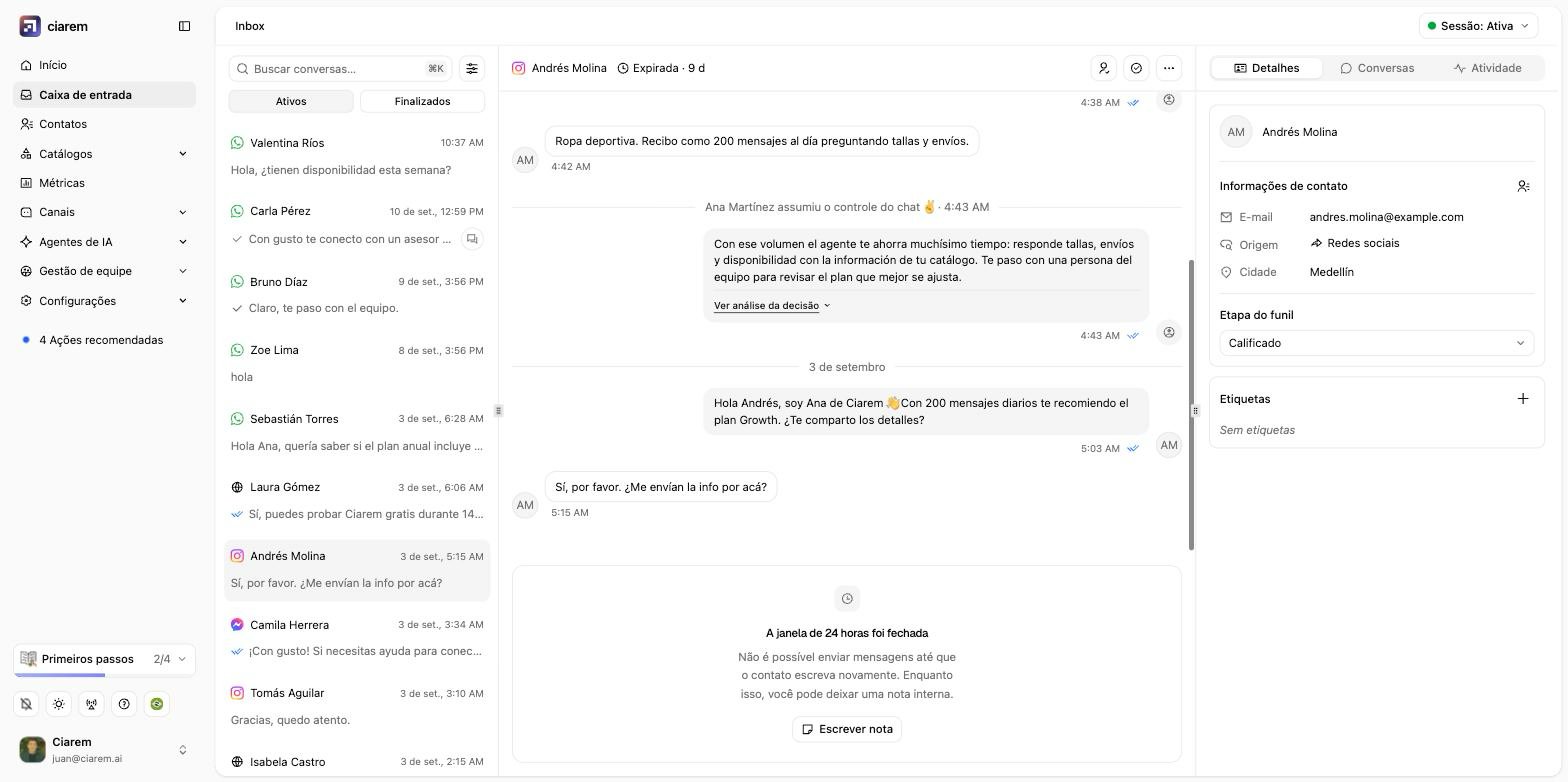 Uma conversa do Instagram cuja janela de 24 horas fechou: o compositor está travado e só oferece Escrever nota