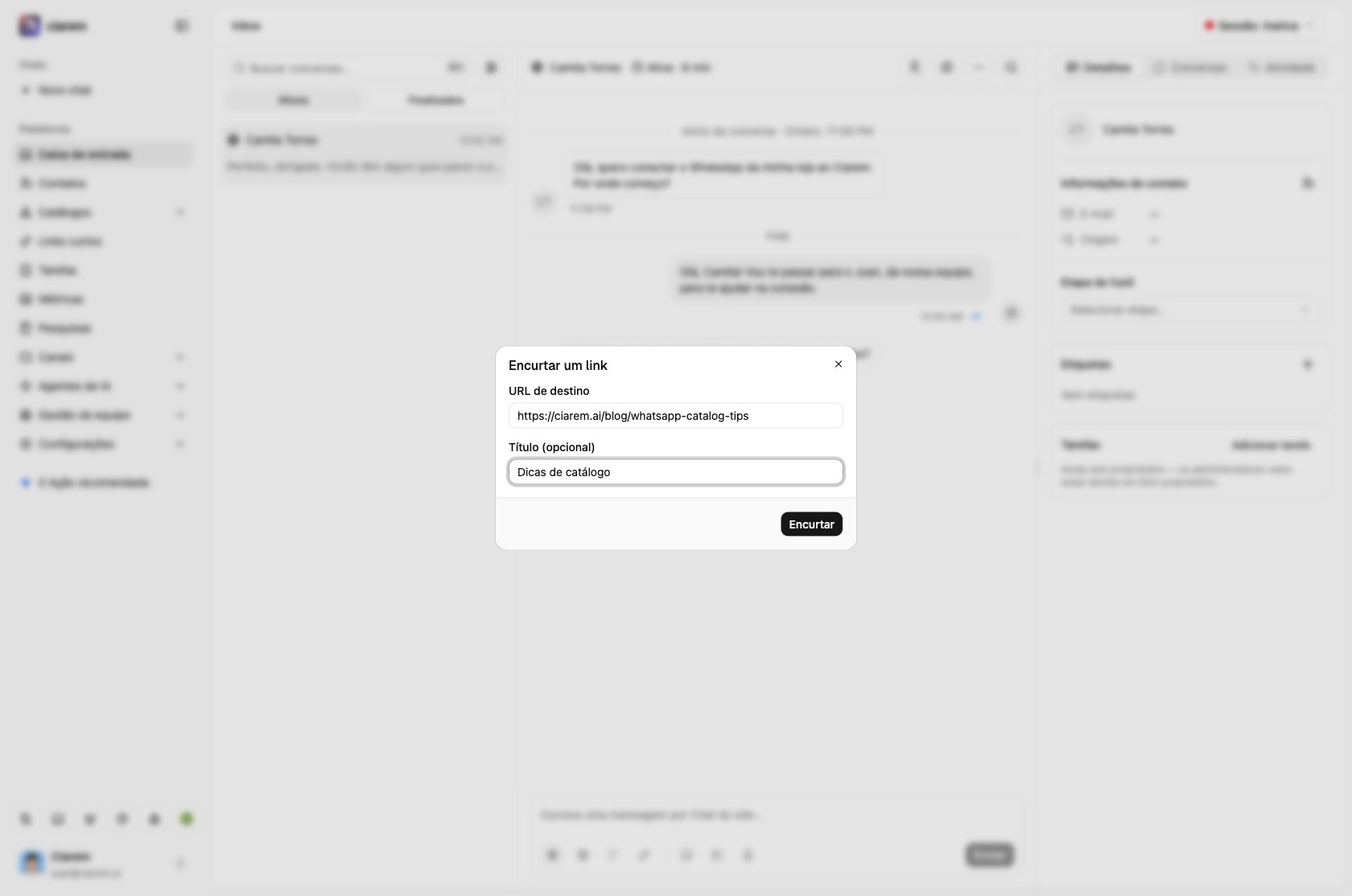 O diálogo Encurtar link: URL de destino e Título (opcional)