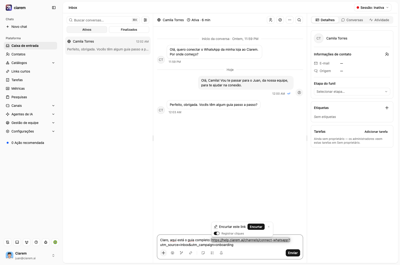 A pílula Encurtar sobre uma URL longa no compositor do inbox, com Registrar cliques