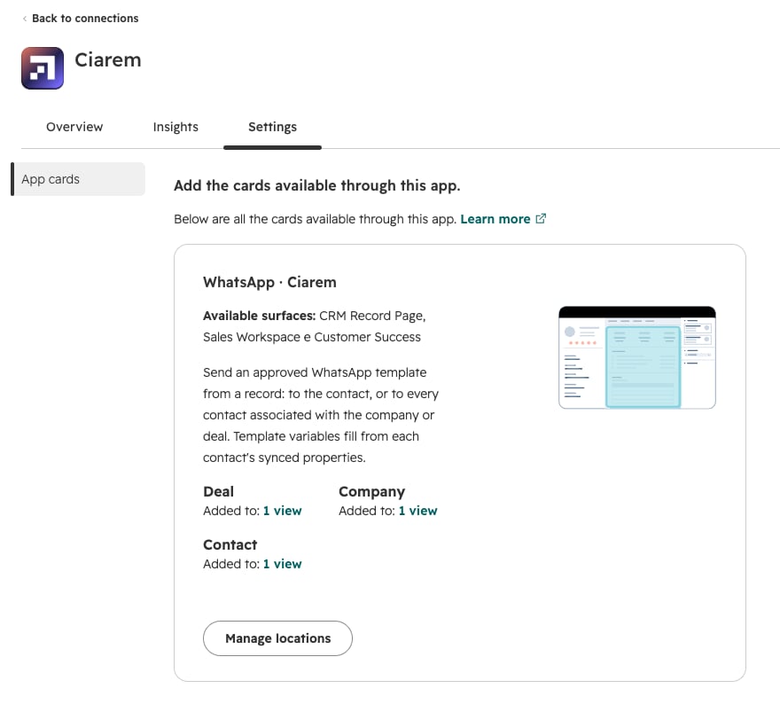 O aplicativo Ciarem nos aplicativos conectados do HubSpot, na aba Settings, com o cartão WhatsApp · Ciarem e o botão Manage locations