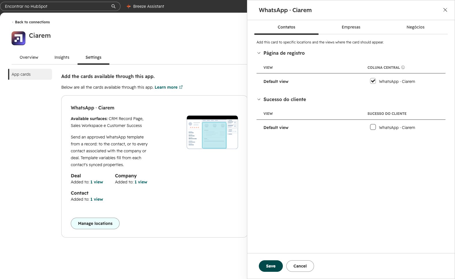 O painel Manage locations com as abas Contatos, Empresas e Negócios, e a caixa WhatsApp · Ciarem marcada em Default view