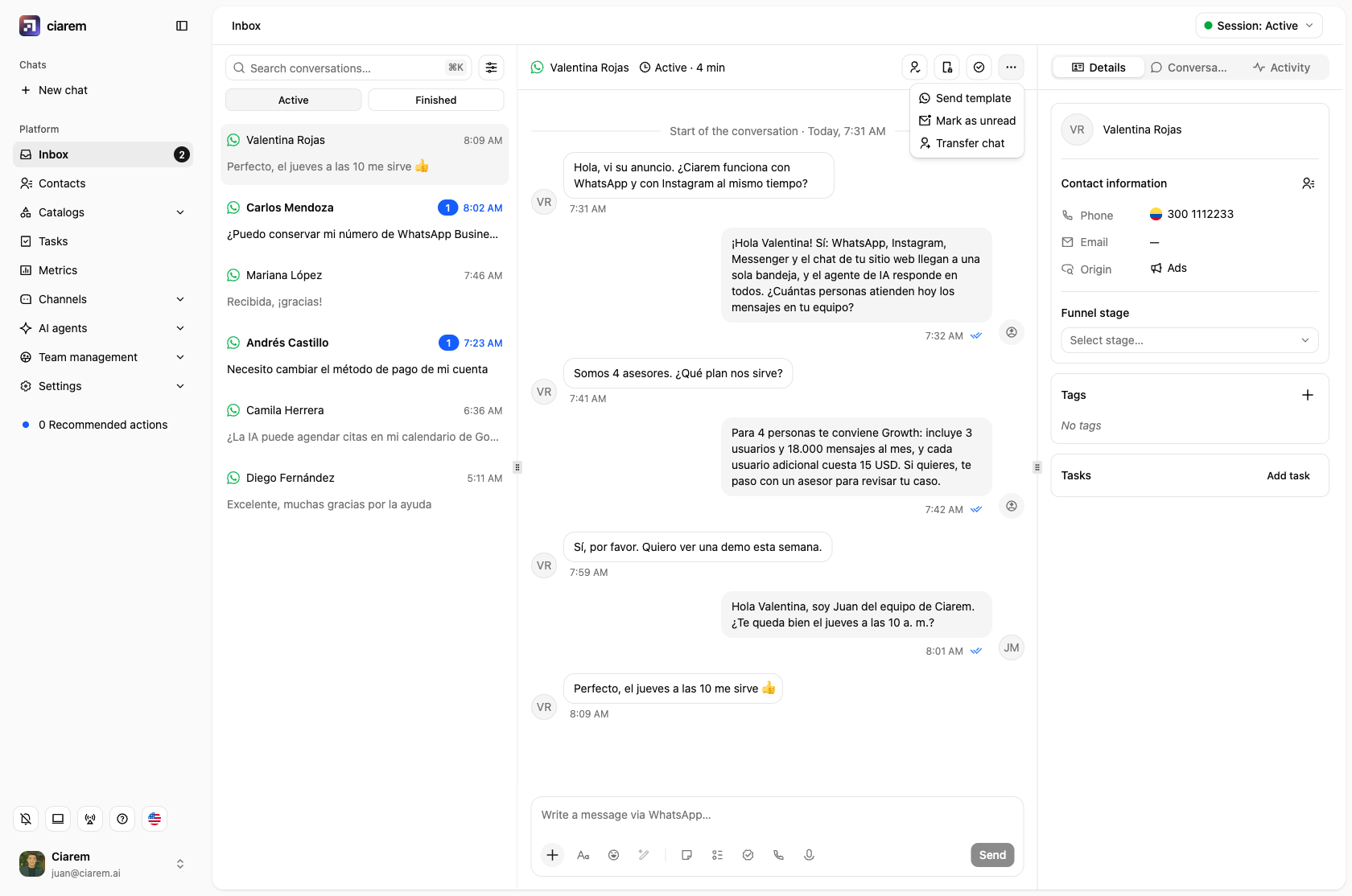 The chat header's more menu: Send template, Mark as unread, and Transfer chat