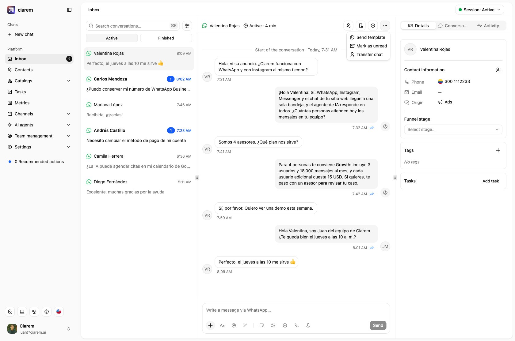 The chat header's more menu: Send template, Mark as unread, and Transfer chat