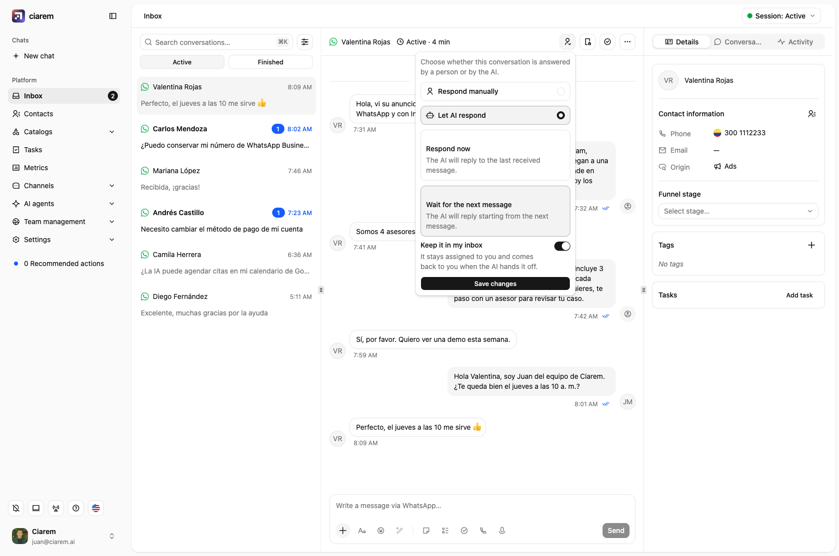 The Conversation handler menu with Let AI respond selected and the Keep it in my inbox switch on