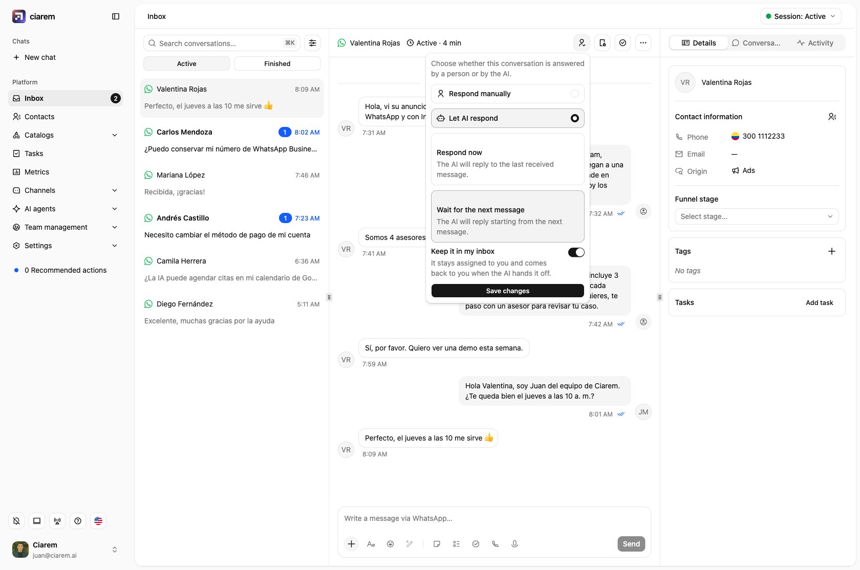 The Conversation handler menu with Let AI respond selected and the Keep it in my inbox switch on