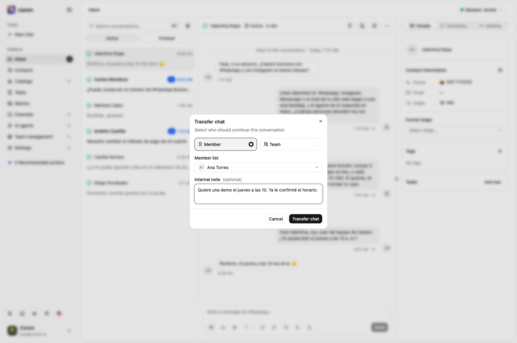The Transfer chat dialog: Member or Team, the member picked from the list, and an internal note